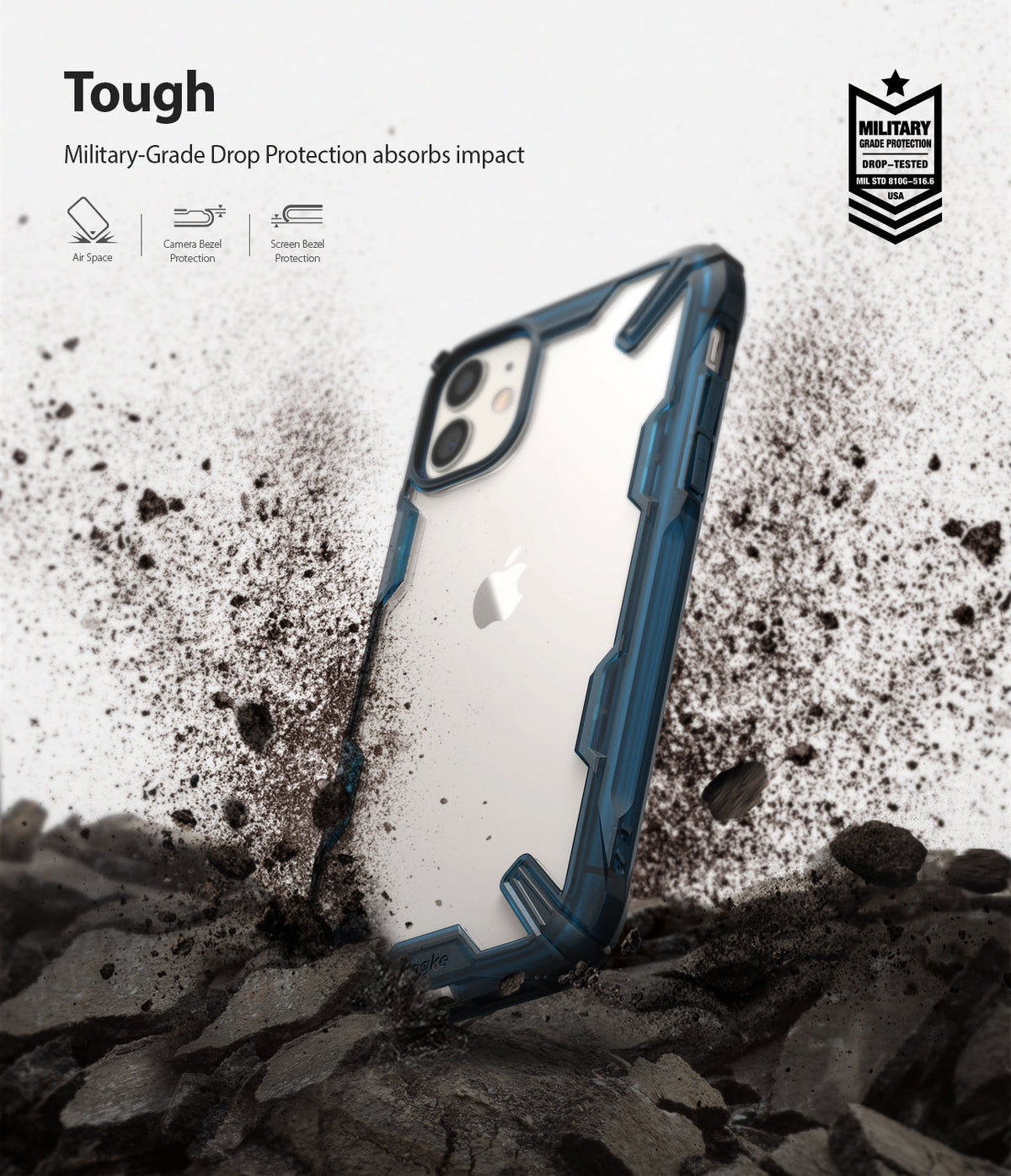 iPhone 11 Case | Fusion-X - Blue Fusion-X case on an iPhone 11 hitting dirt, highlighting military-grade drop protection.