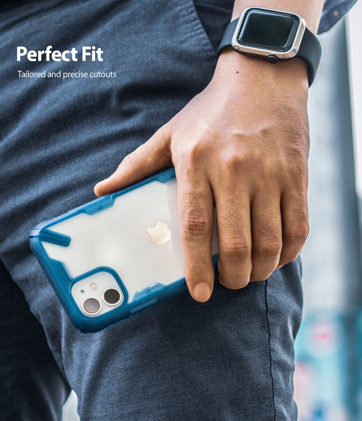 iPhone 11 Case | Fusion-X - Hand holding an iPhone 11 with a blue Fusion-X case, highlighting precise fit and cutouts.