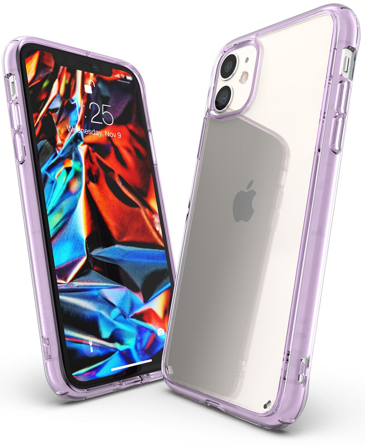 iPhone 11 Case | Fusion - Clear iPhone 11 with a lavender bumper case shown from front and back angles.