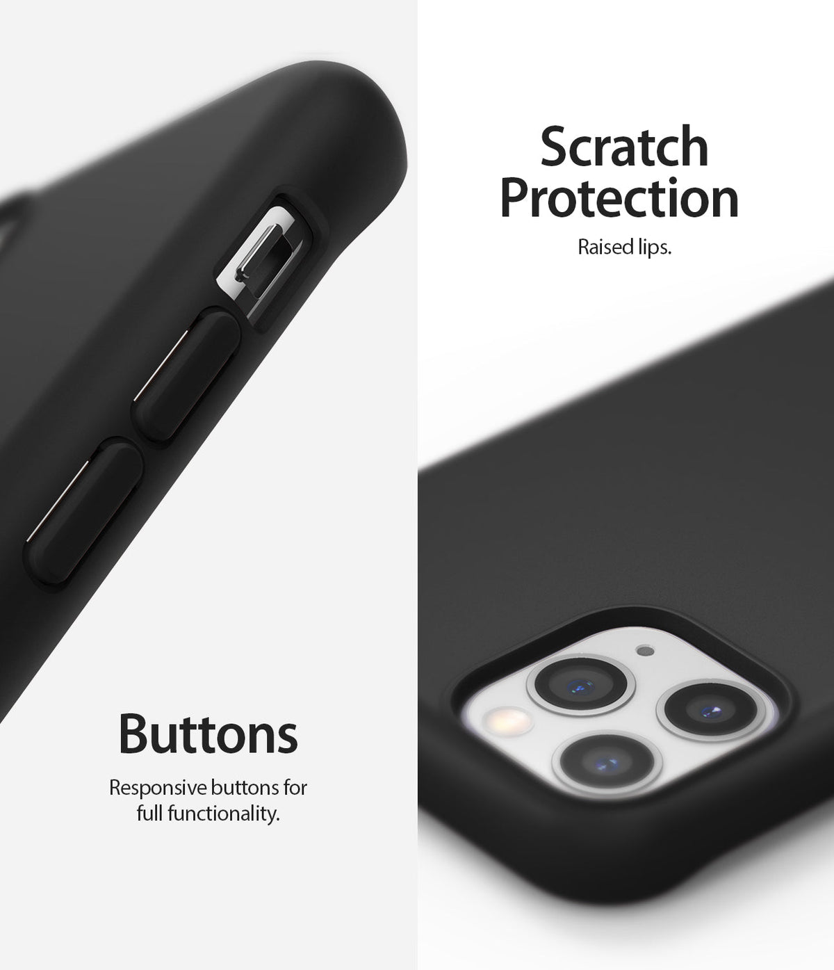 iPhone 11 Pro Max Case | Air-S - Close-up of black phone case showing responsive side buttons and raised camera lens protection.