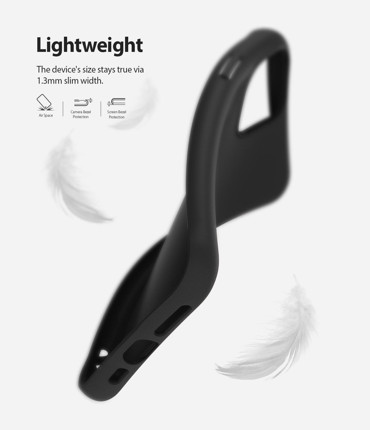 iPhone 11 Pro Max Case | Air-S - A flexible, slim black phone case floating among white feathers with text highlighting its lightweight design.