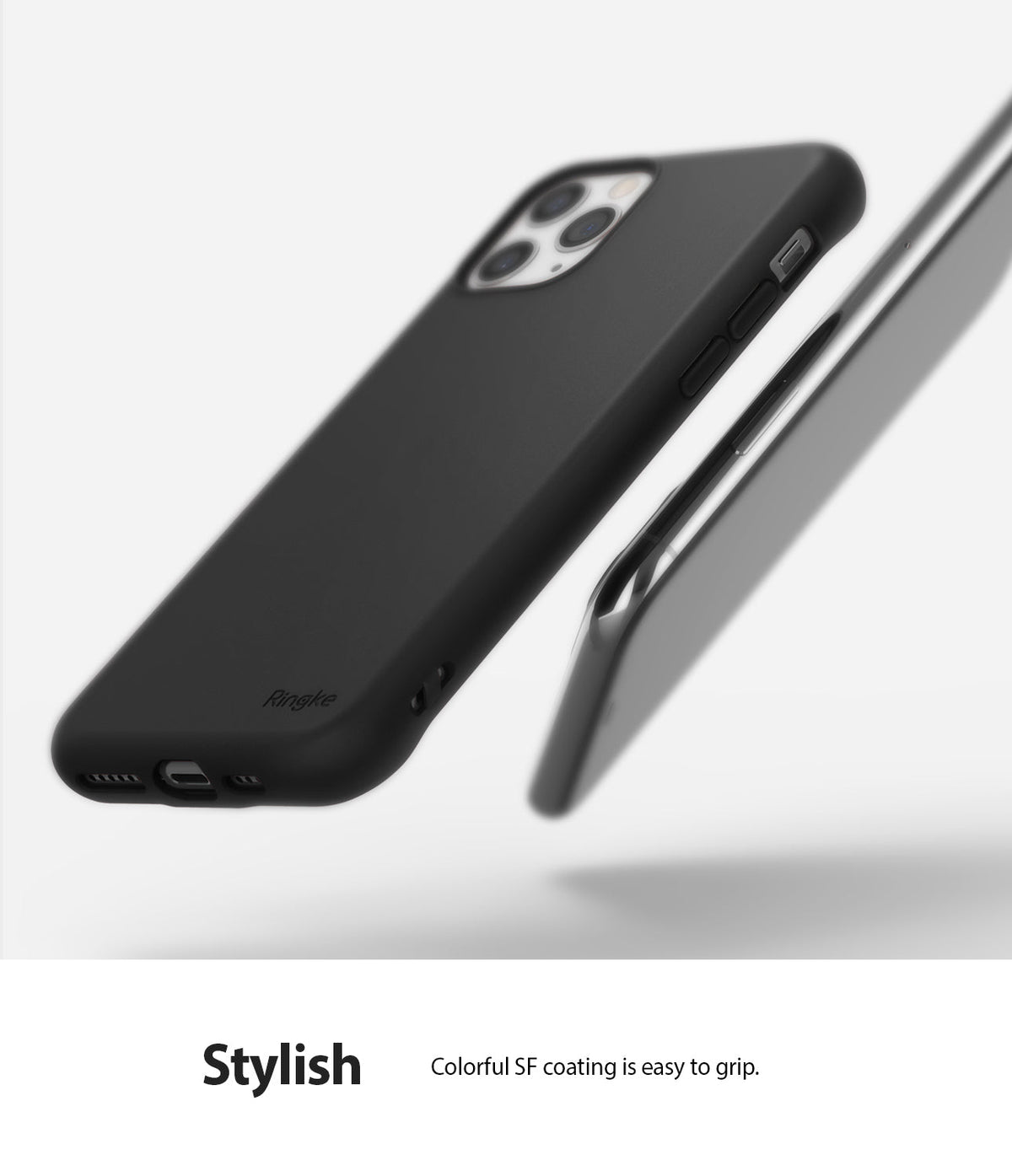 iPhone 11 Pro Max Case | Air-S - Matte black phone case floating next to a smartphone against a white background.