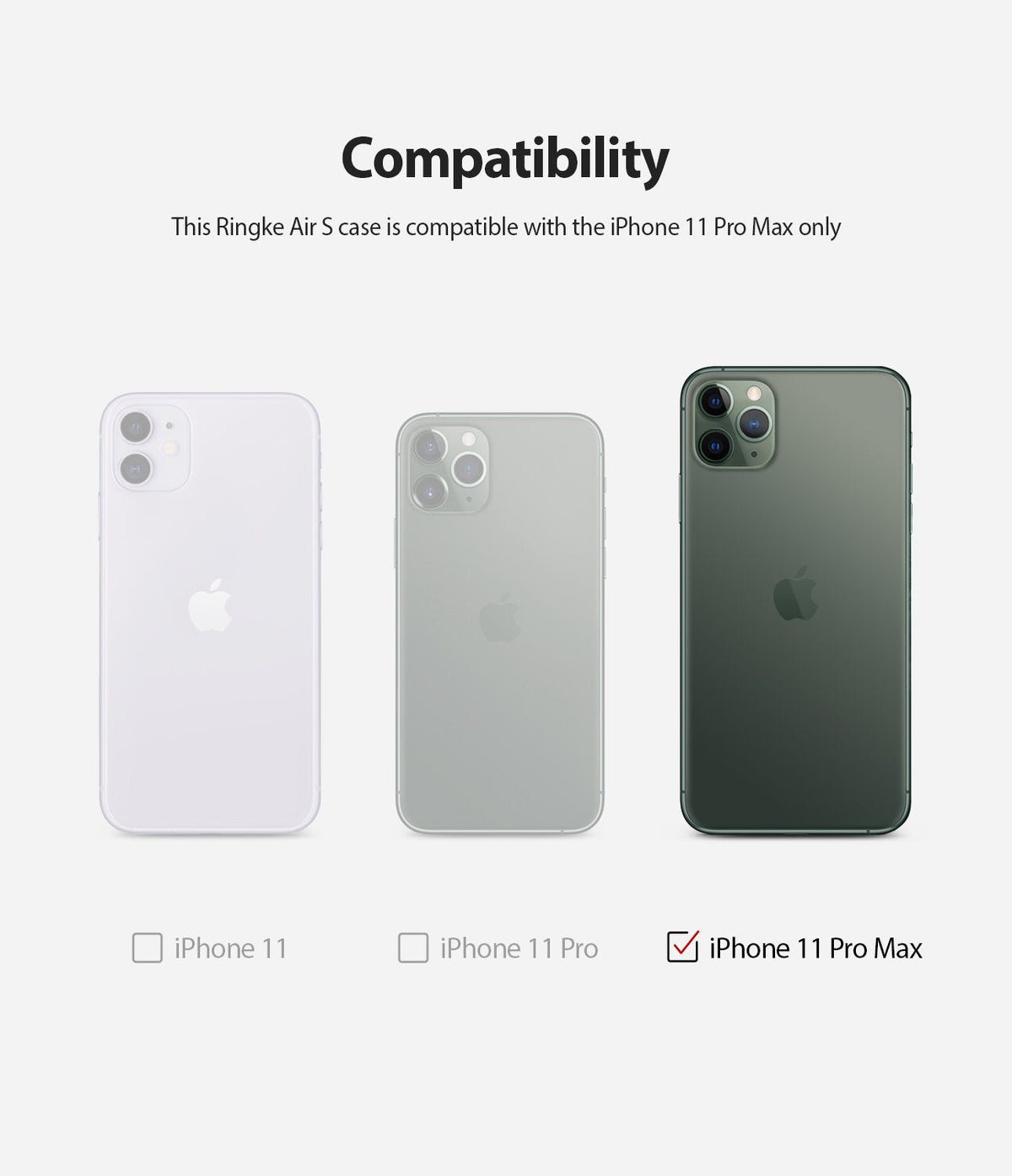 iPhone 11 Pro Max Case | Air-S - Compatibility chart showing iPhone 11, 11 Pro, and 11 Pro Max with a checkmark for the 11 Pro Max.