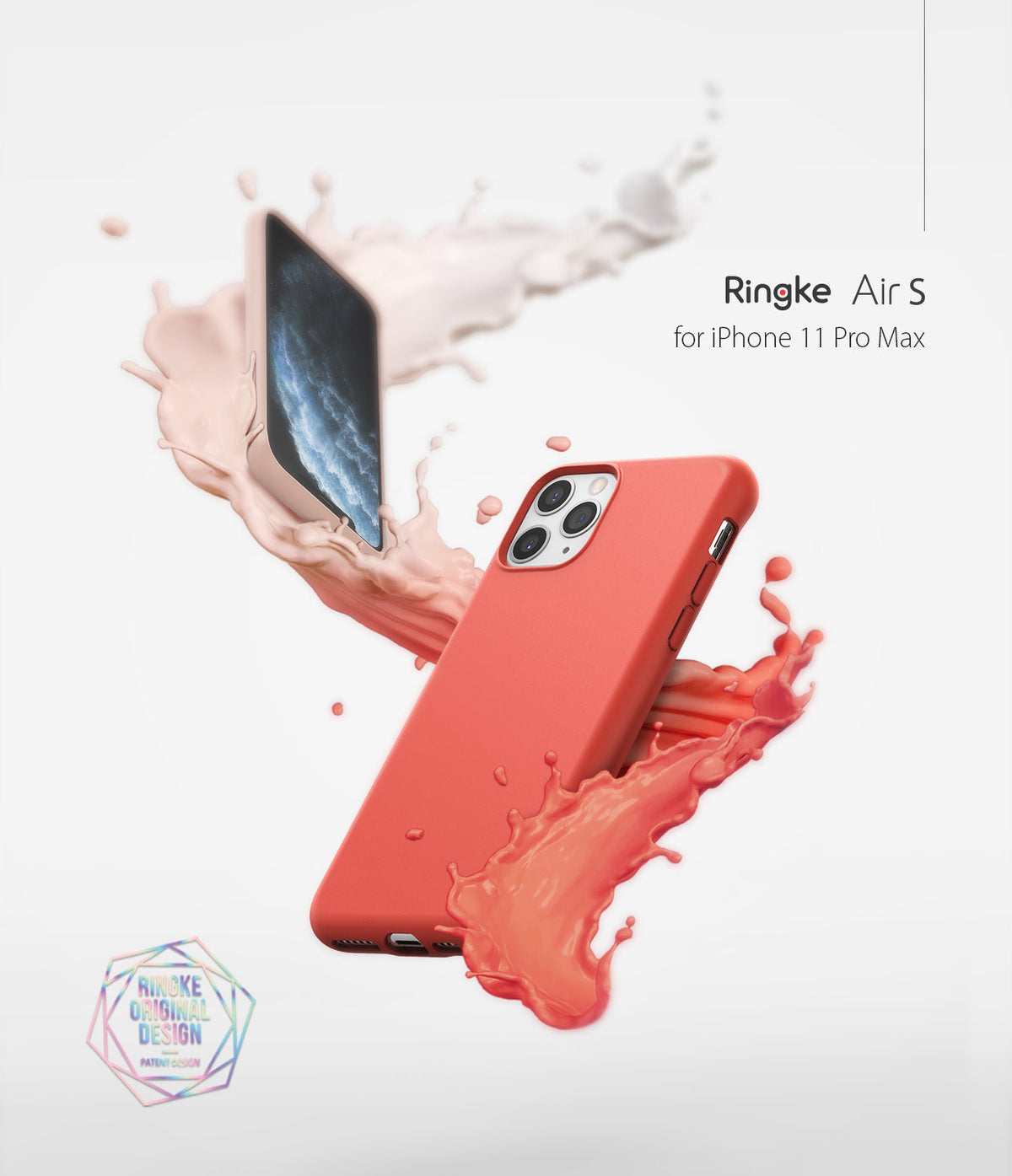 iPhone 11 Pro Max Case | Air-S - Coral iPhone 11 Pro Max case floating with dynamic coral liquid splashes on white.
