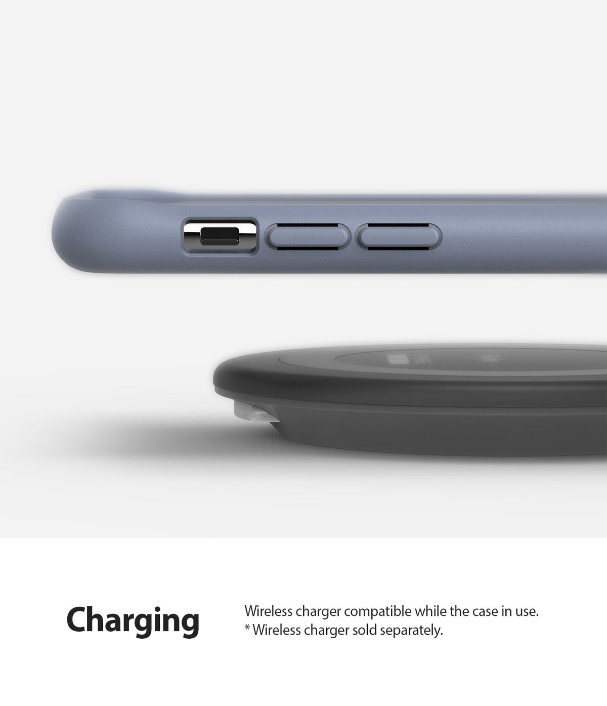 iPhone 11 Pro Max Case | Air-S - Lavender gray phone case side profile hovering above a black wireless charging pad.