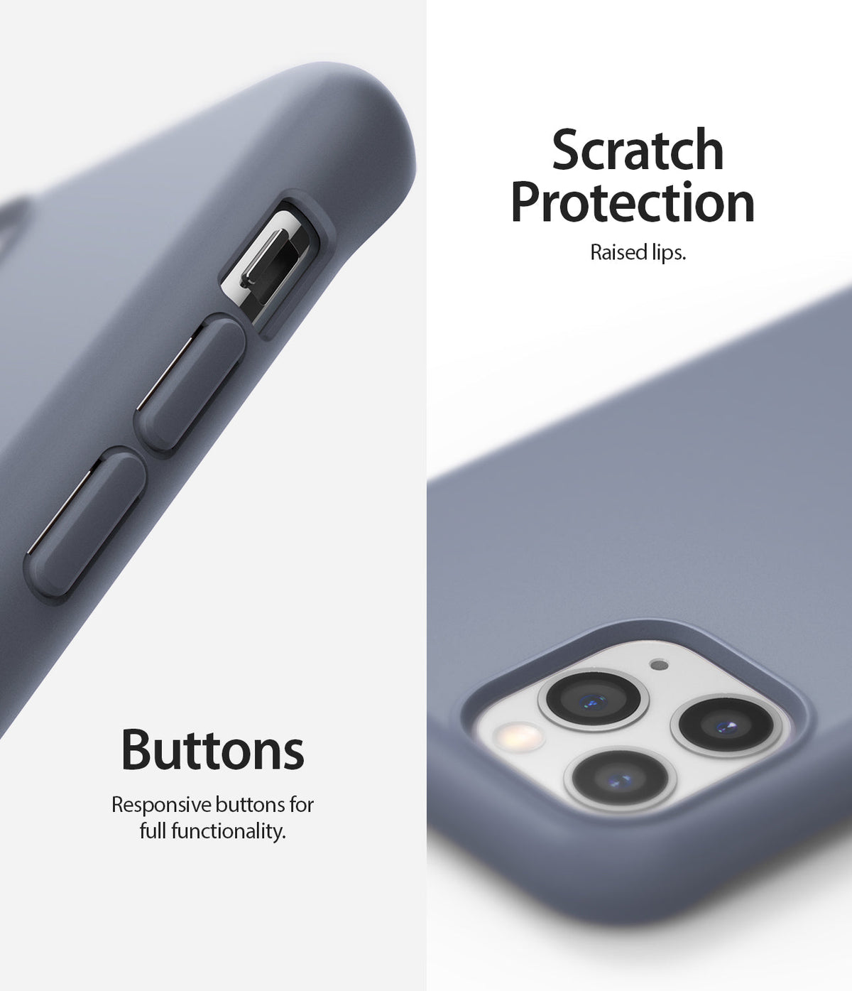 iPhone 11 Pro Max Case | Air-S - Lavender gray phone case showing responsive side buttons and raised camera lens protection.