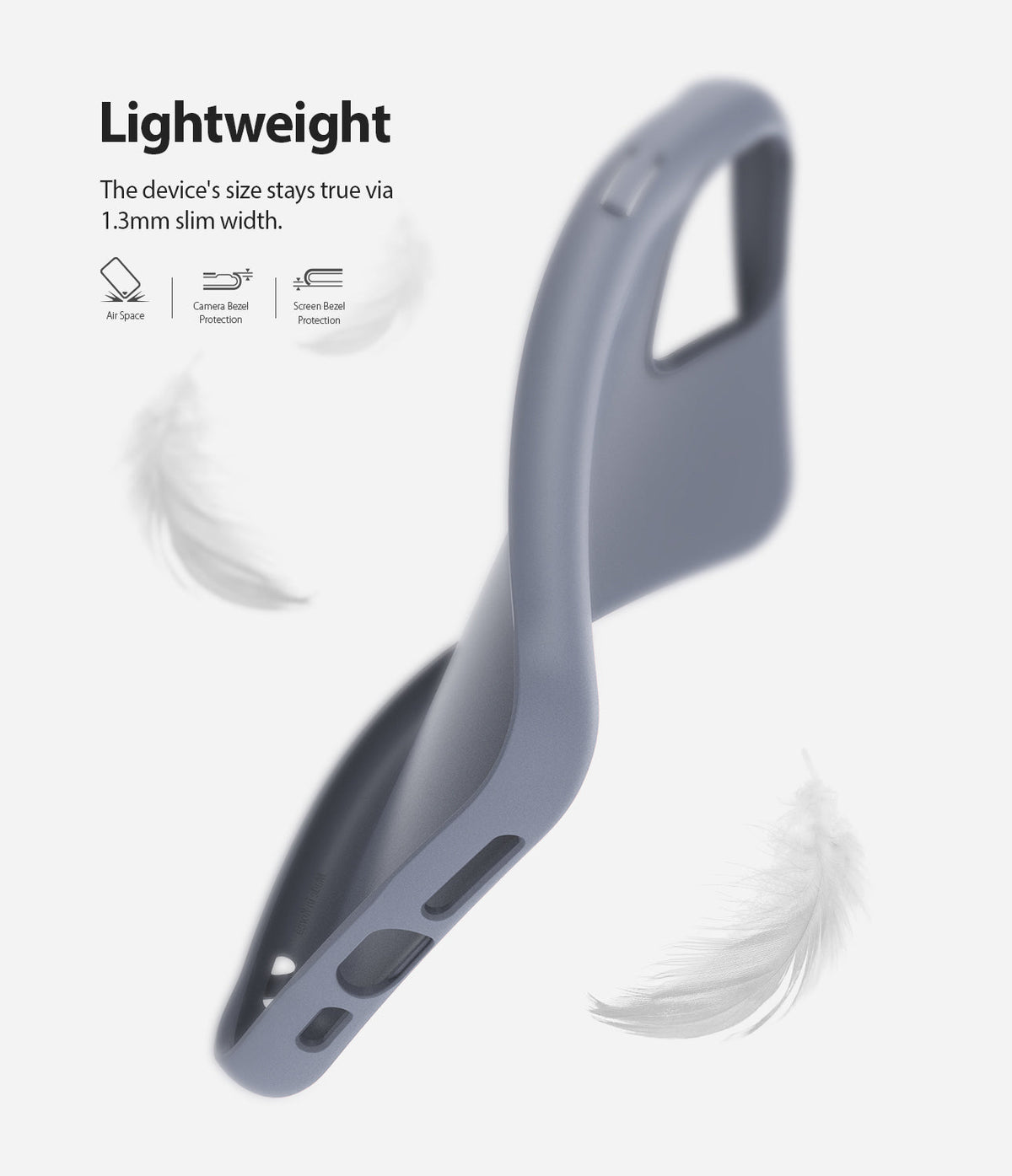 iPhone 11 Pro Max Case | Air-S - Lavender gray flexible phone case floating with white feathers and text about slim design.