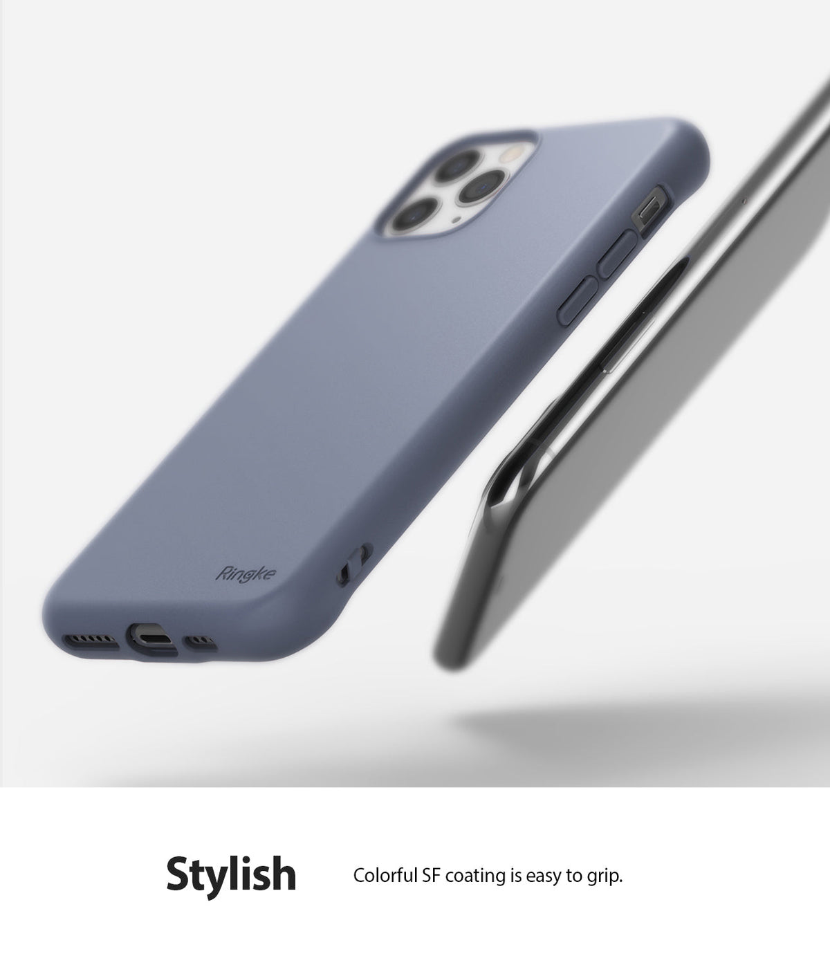 iPhone 11 Pro Max Case | Air-S - Lavender gray phone case with a matte finish floating next to a smartphone.