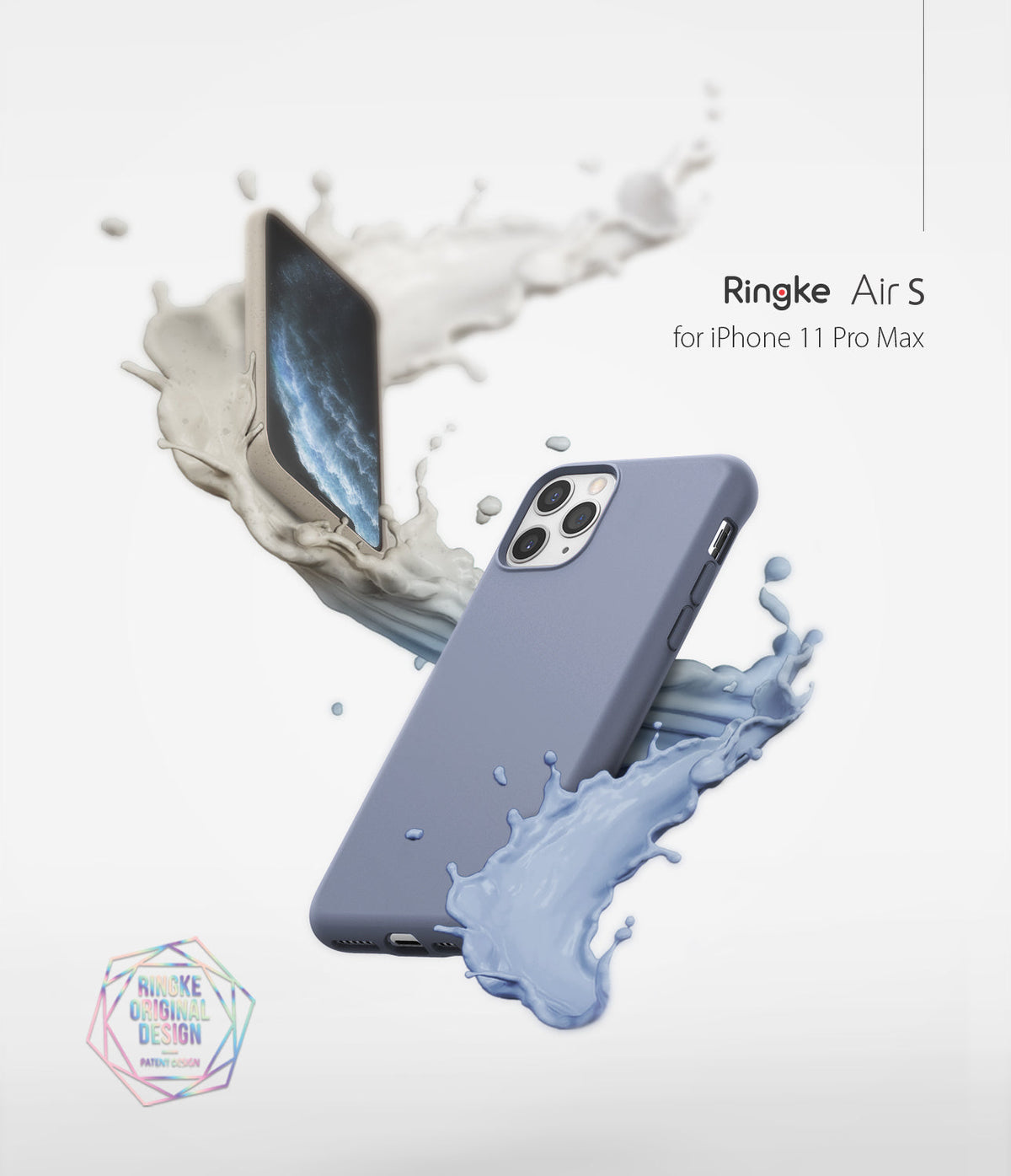 iPhone 11 Pro Max Case | Air-S - Lavender gray iPhone 11 Pro Max case floating amidst dynamic blue and white liquid splashes.