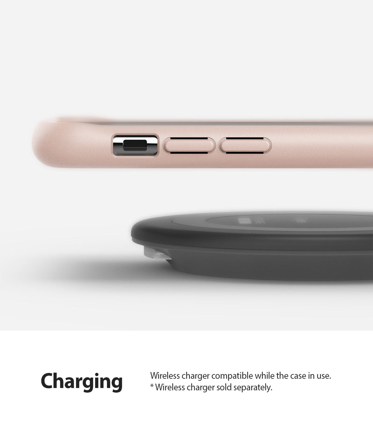 iPhone 11 Pro Max Case | Air-S - Pink sand phone case hovering above a black wireless charging pad on a white background.