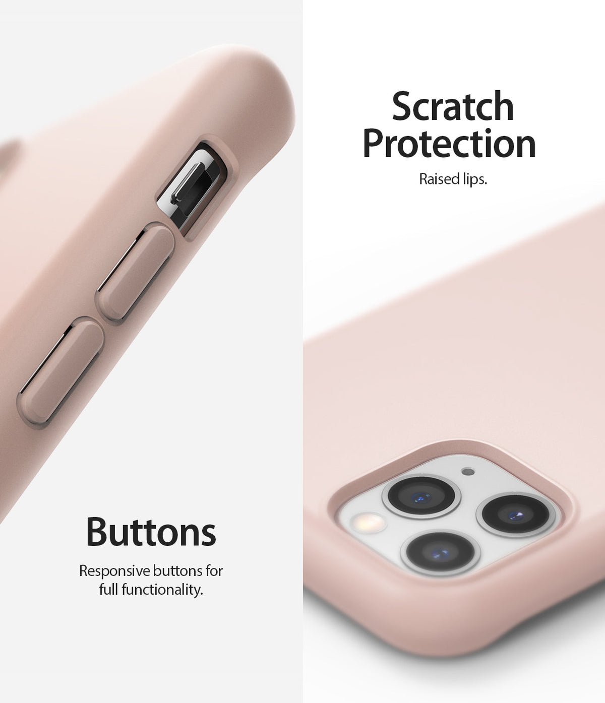iPhone 11 Pro Max Case | Air-S - Pink phone case showing responsive side buttons and raised camera lens protection.