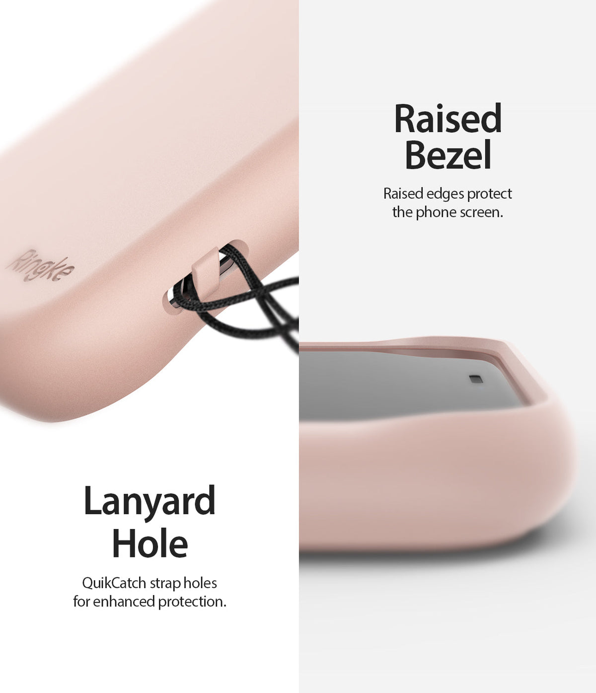 iPhone 11 Pro Max Case | Air-S - Pink phone case showing a lanyard hole with a strap and a raised bezel for screen protection.