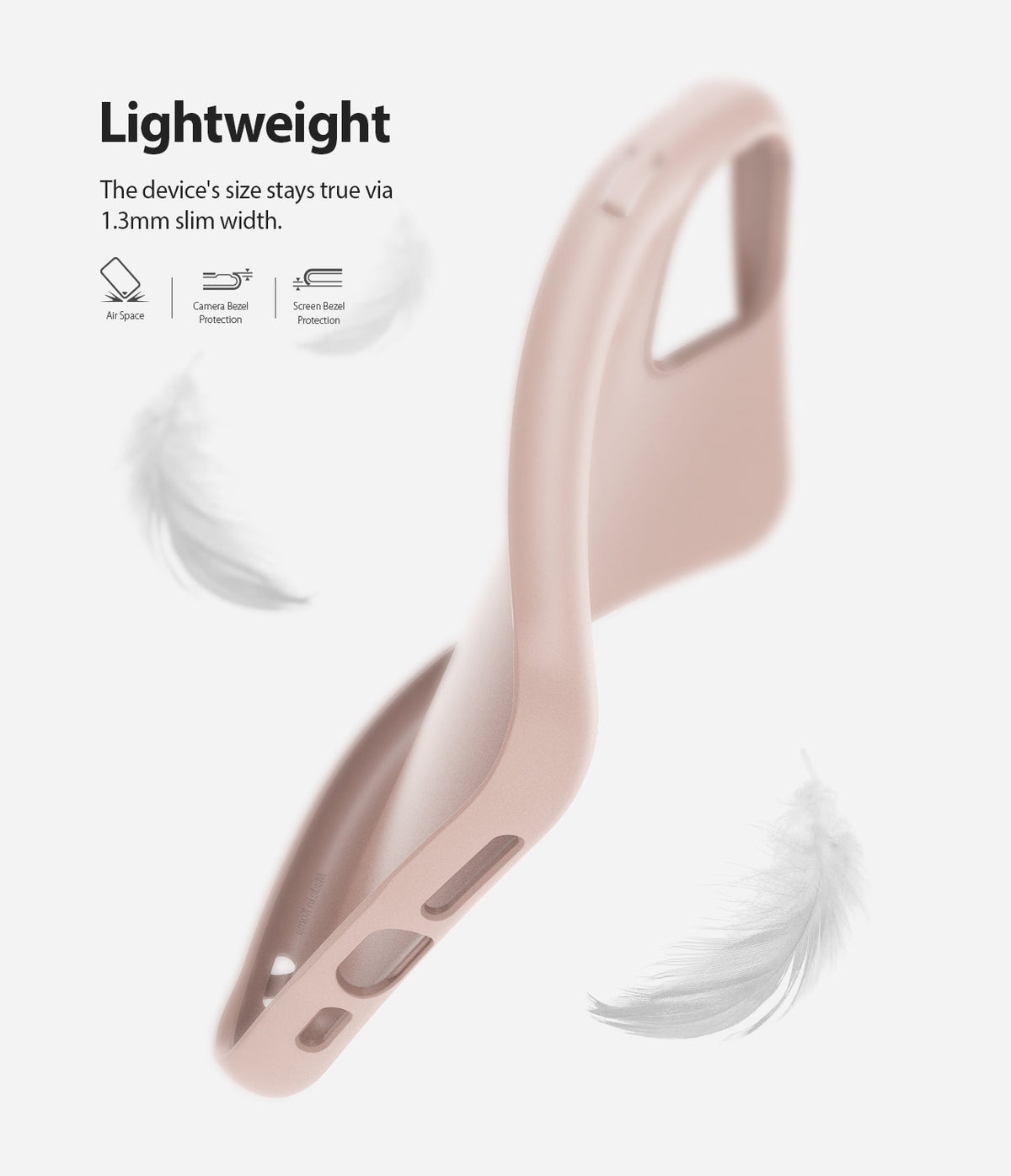 iPhone 11 Pro Max Case | Air-S - A pink, slim, lightweight phone case floating with white feathers on a white background.