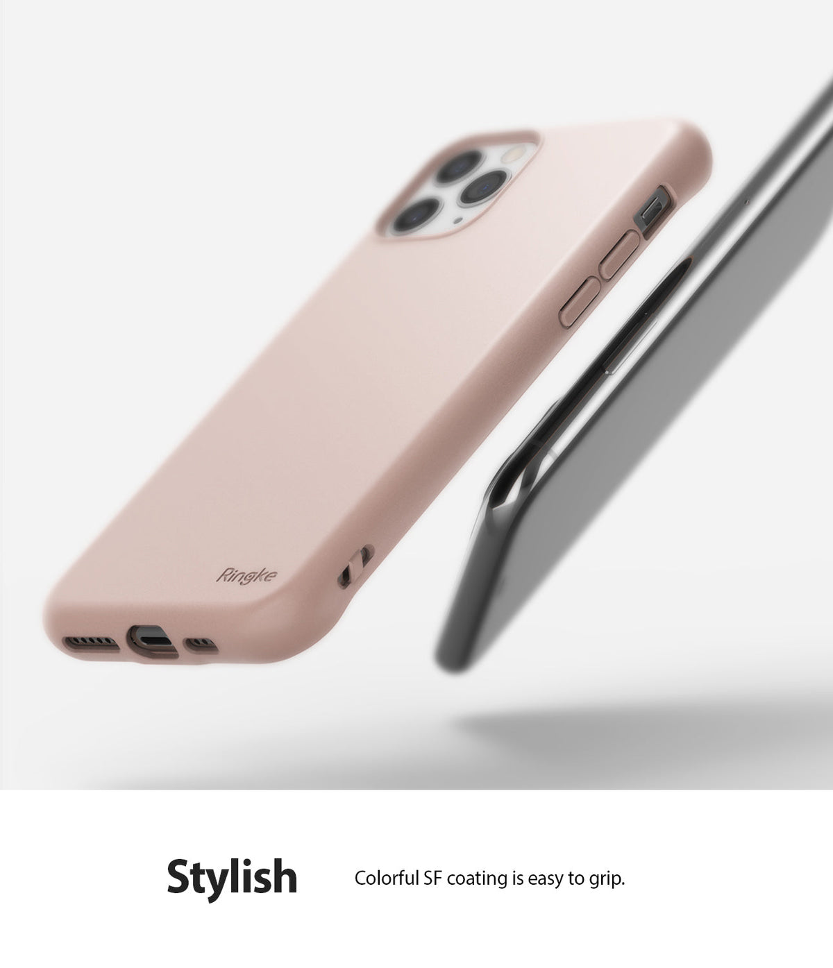 iPhone 11 Pro Max Case | Air-S - Pink sand matte phone case floating next to a smartphone against a white background.