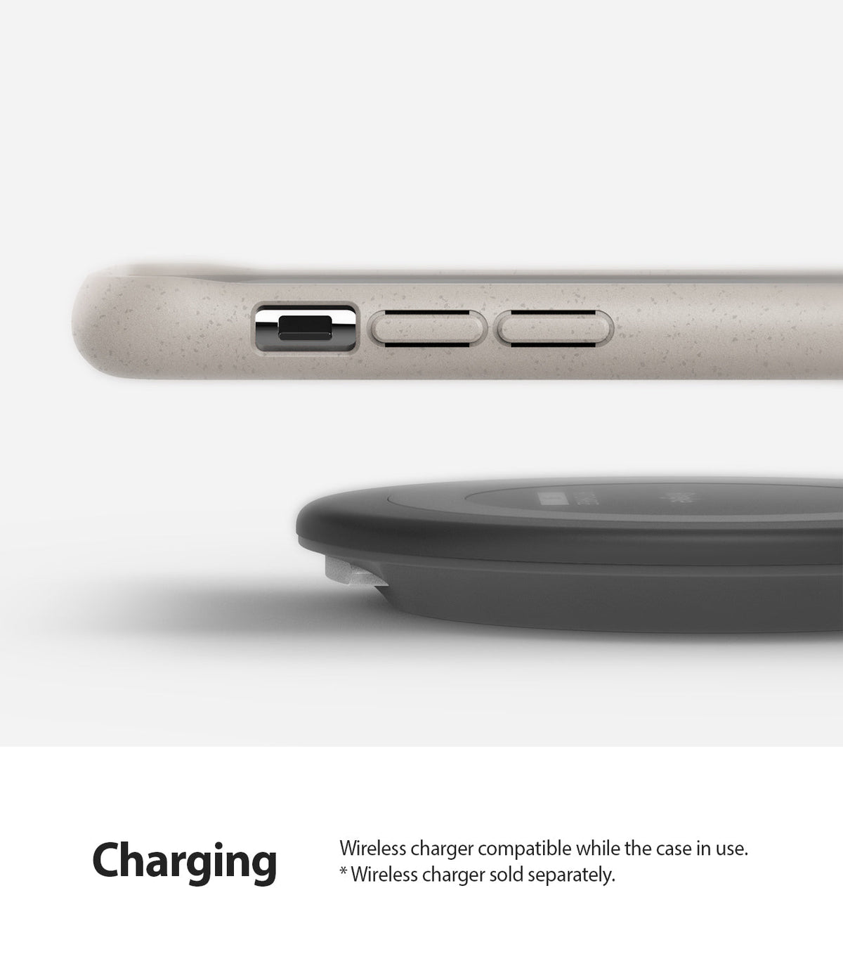 iPhone 11 Pro Max Case | Air-S - Sand stone textured phone case hovering above a black wireless charging pad.
