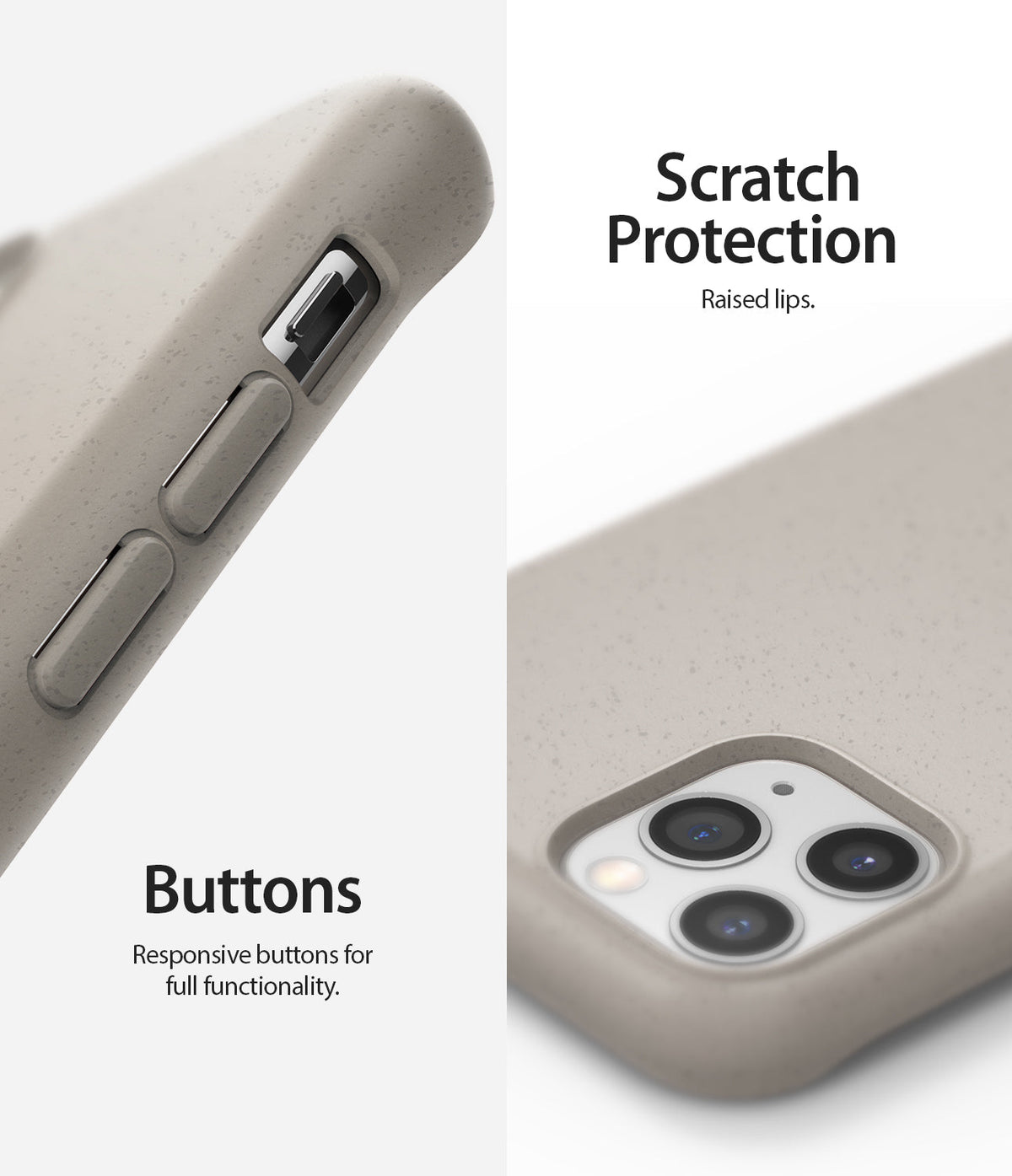 iPhone 11 Pro Max Case | Air-S - Sandstone textured case showing responsive side buttons and raised camera protection.