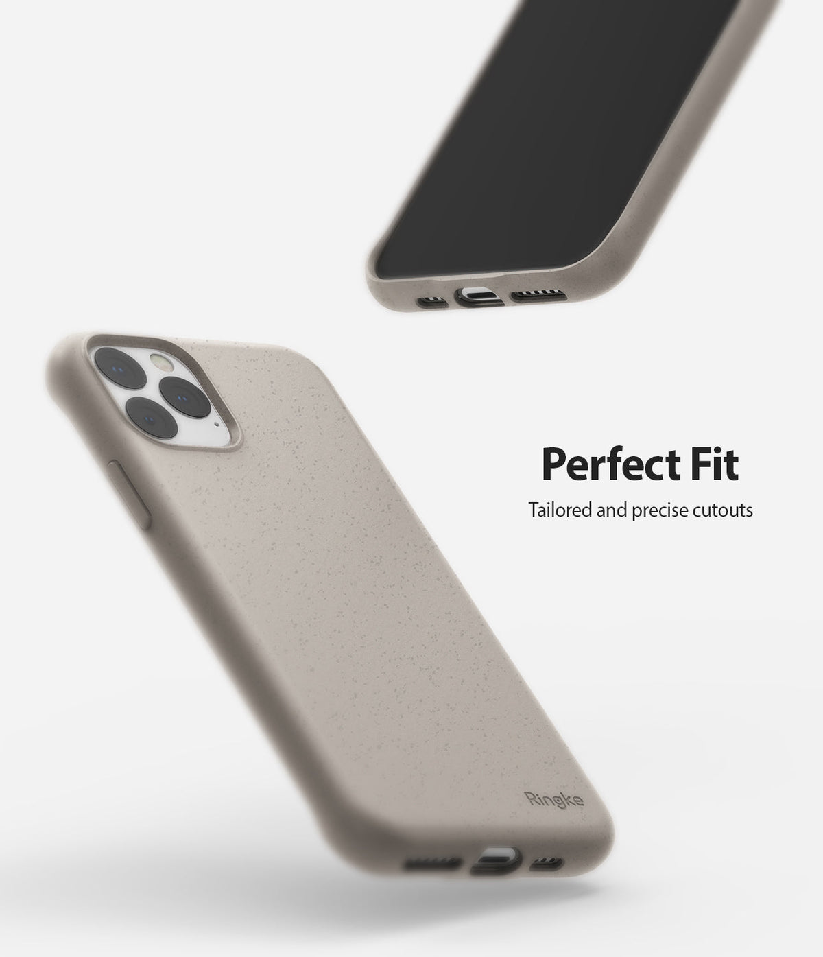 iPhone 11 Pro Max Case | Air-S - Sand-colored speckled phone case shown from back and bottom angles with precise cutouts.