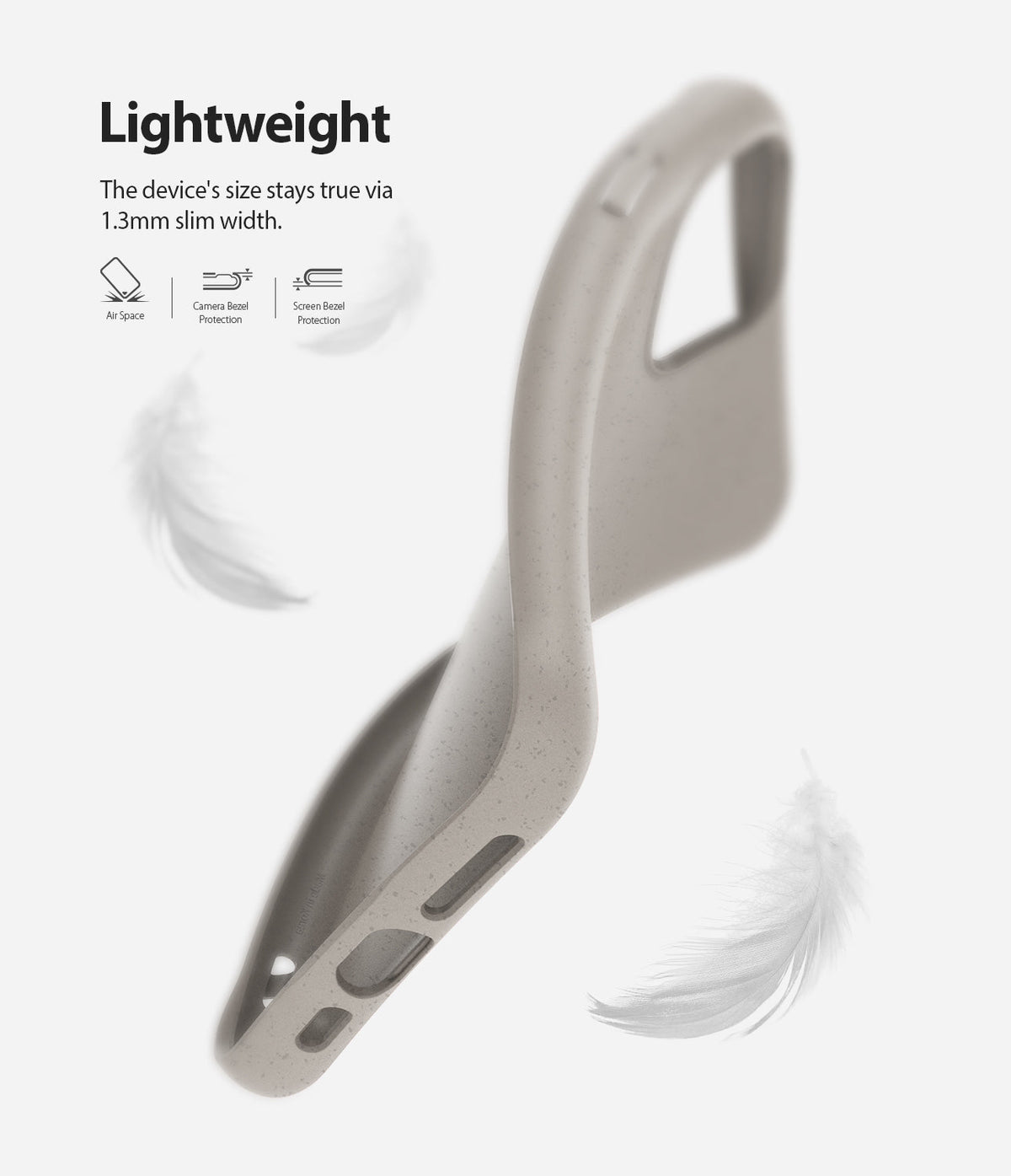 iPhone 11 Pro Max Case | Air-S - A slim, speckled beige phone case floating with feathers, highlighting its lightweight design.