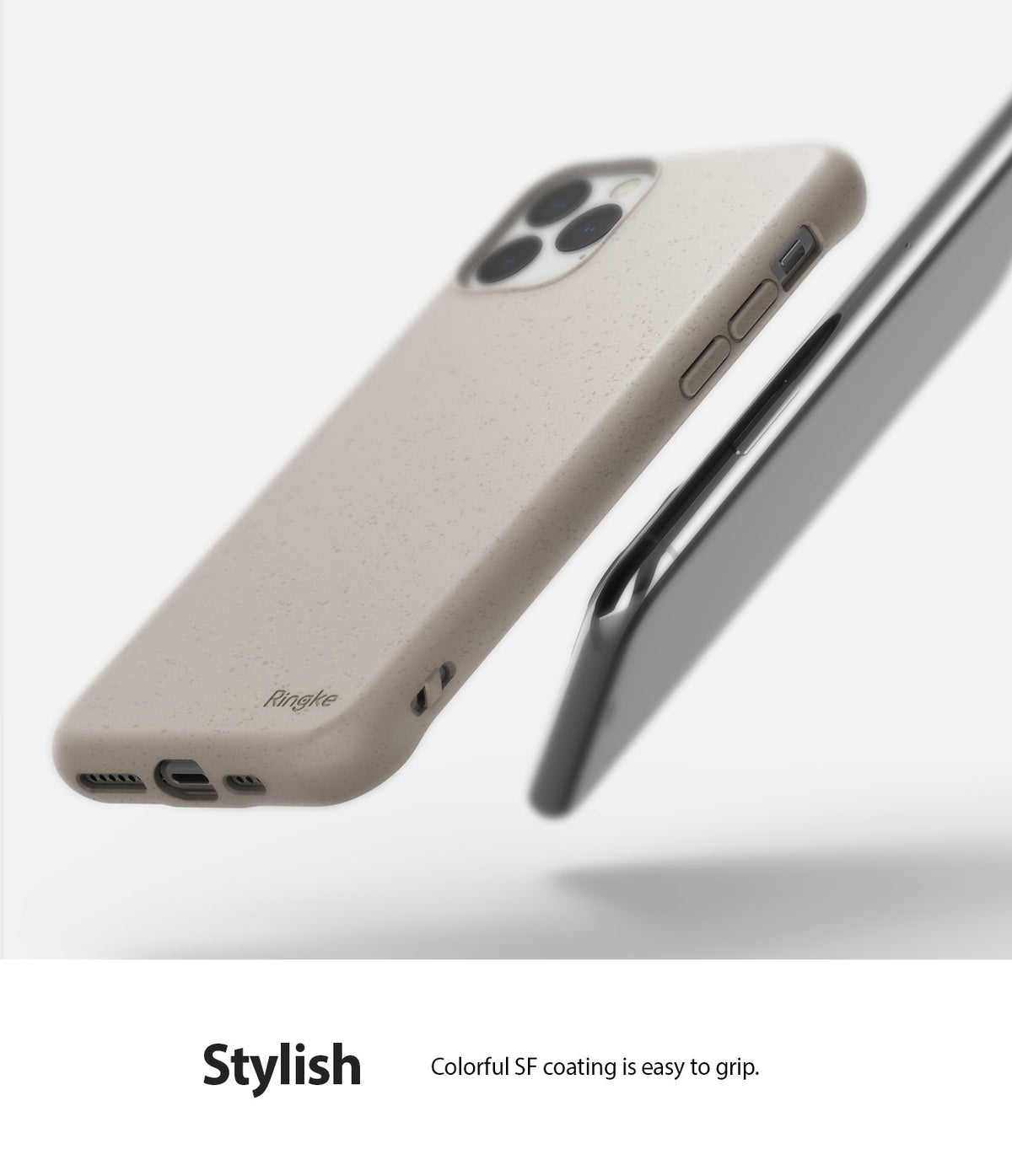 iPhone 11 Pro Max Case | Air-S - Sand stone textured phone case floating next to a dark smartphone on a white background.