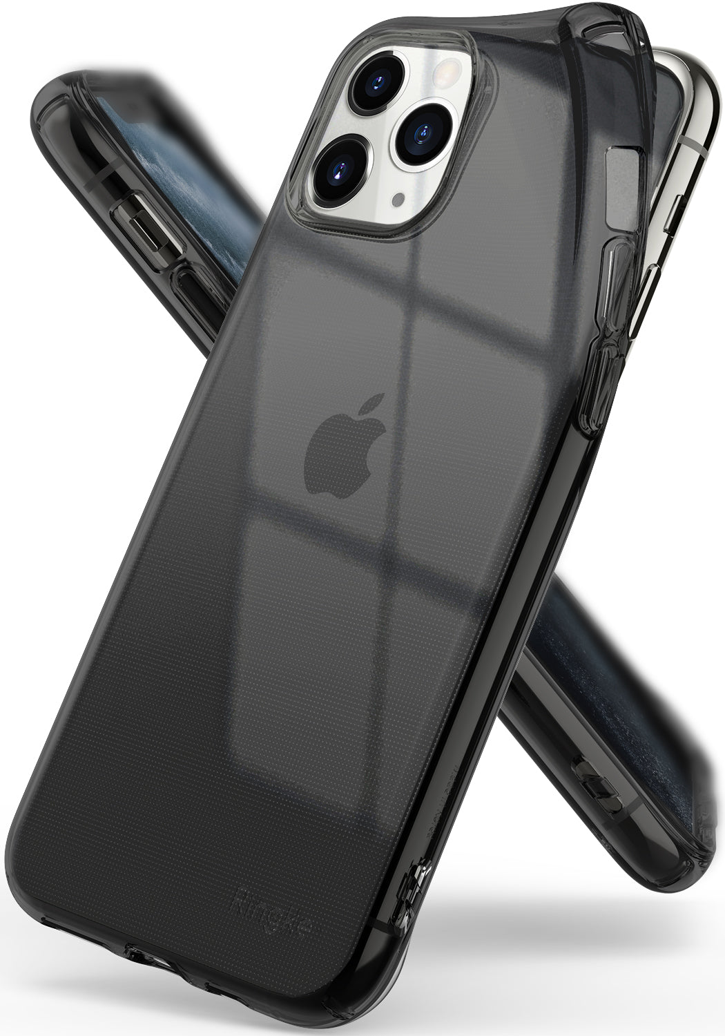 iPhone 11 Pro Case | Air - Two iPhone 11 Pro phones in translucent smoke black protective cases angled against each other.