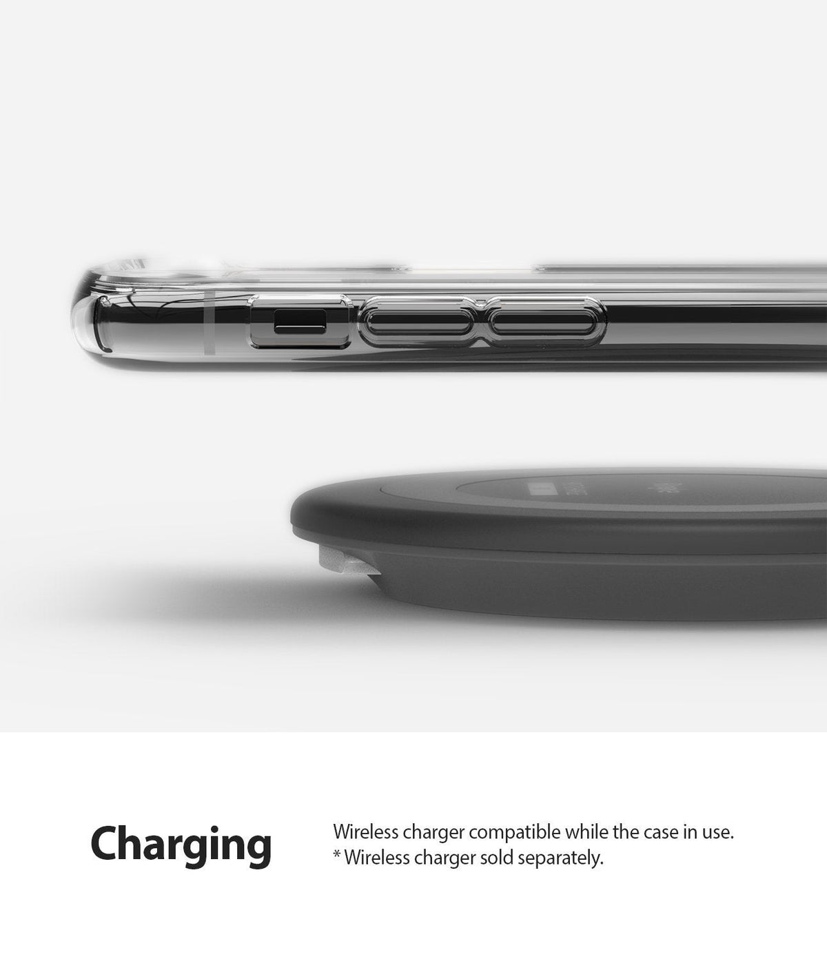 iPhone 11 Pro Max Case | Air - Clear phone case on a wireless charging pad, showing compatibility.