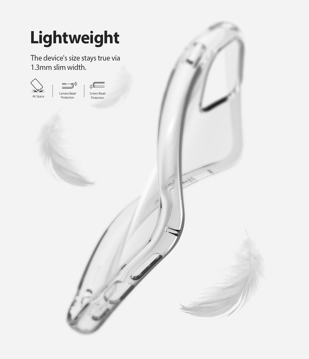 iPhone 11 Pro Max Case | Air - A clear, flexible phone case floating with feathers, highlighting its 1.3mm slim, lightweight design.