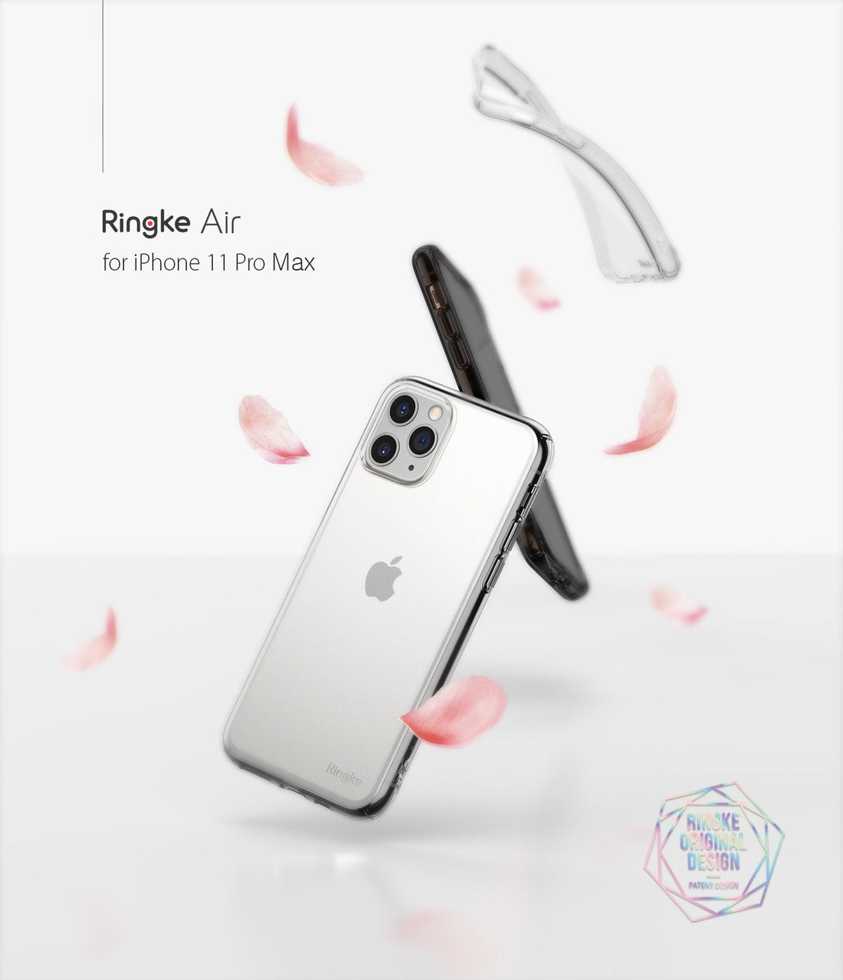 iPhone 11 Pro Max Case | Air - Clear phone case floating with pink flower petals on a white background.