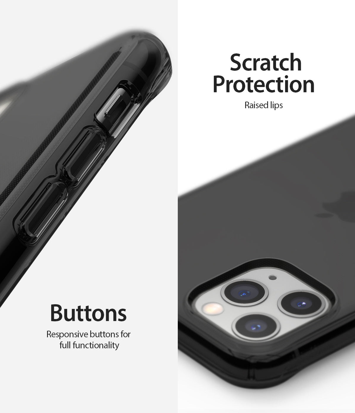 iPhone 11 Pro Case | Air - Close-up of phone case buttons and raised camera bezel for scratch protection.