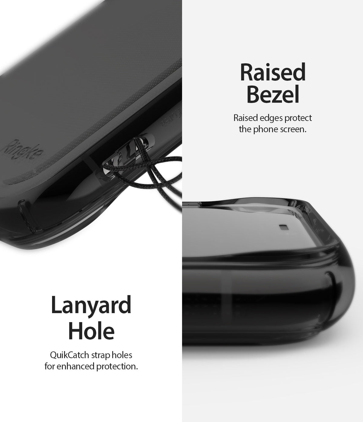 iPhone 11 Pro Case | Air - Close-up of a smoke black phone case showing a lanyard hole and raised screen protection bezels.