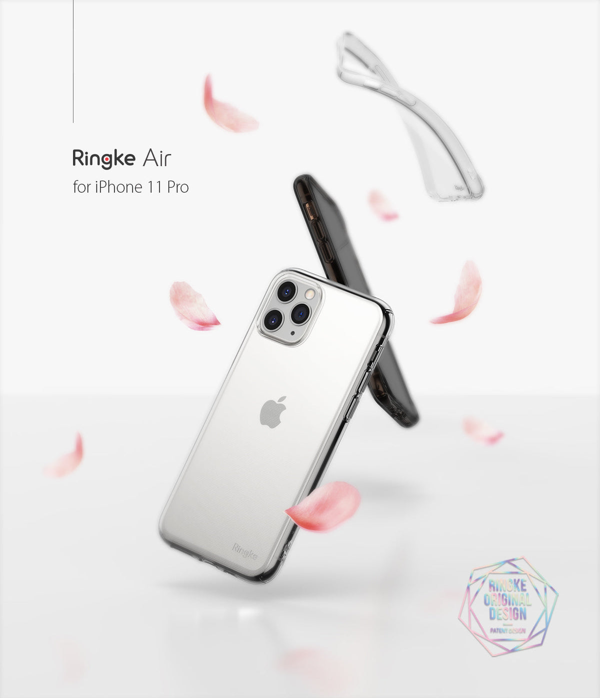 iPhone 11 Pro Case | Air - Clear and smoke-black phone cases floating with pink flower petals on a white background.