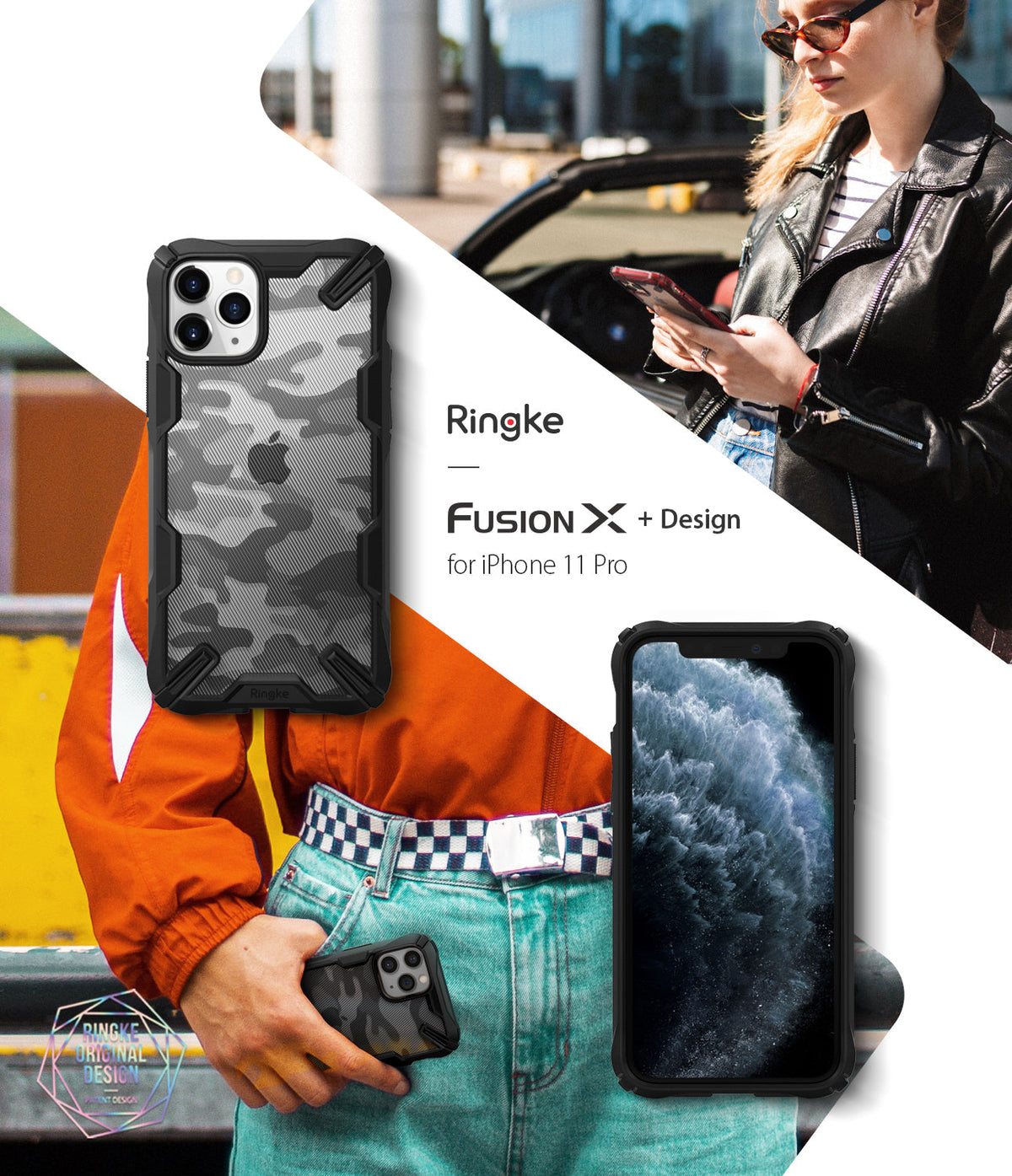 iPhone 11 Pro Case | Fusion-X Design - Camo black protective phone case with rugged bumpers shown on an iPhone 11 Pro.