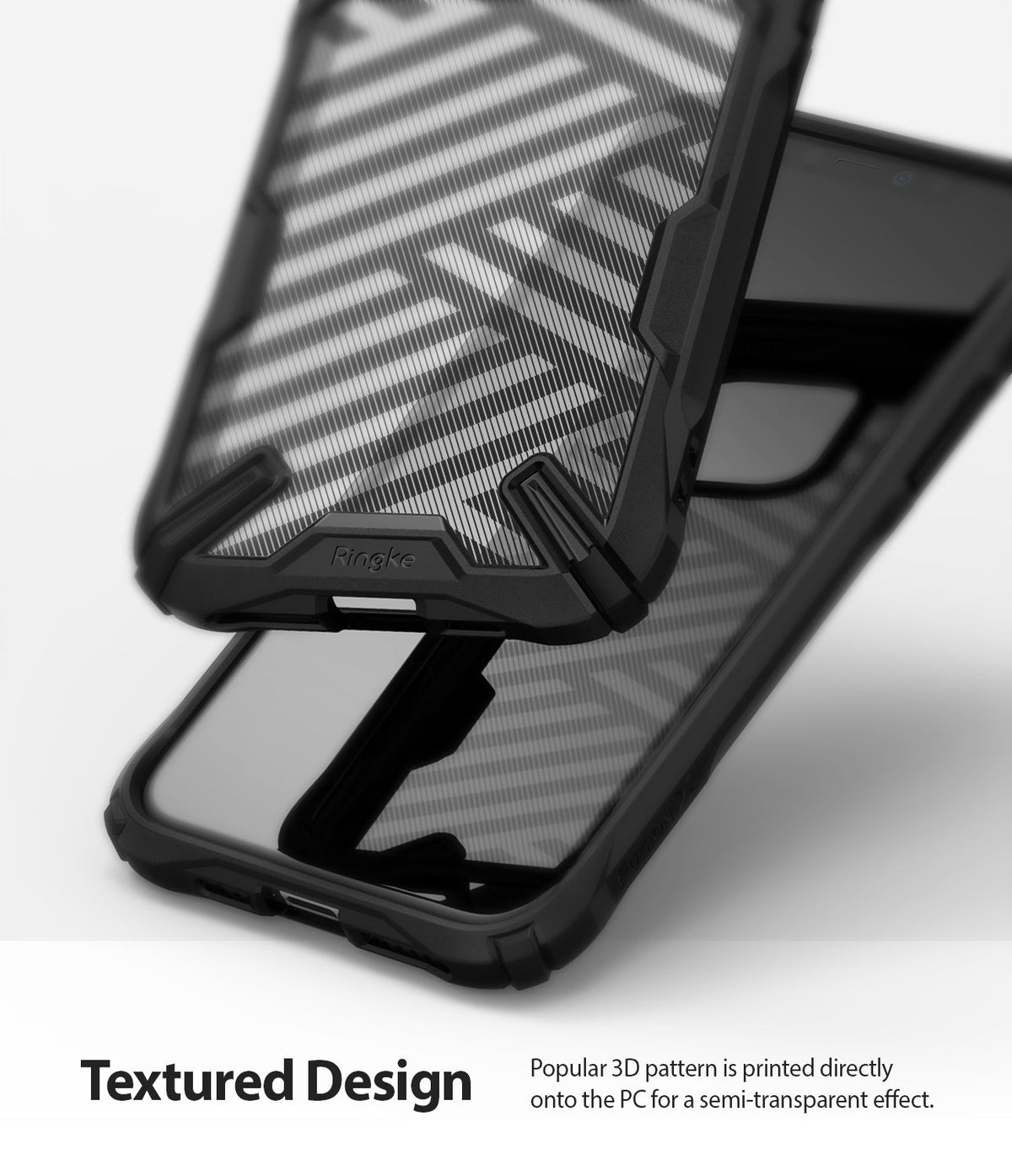 iPhone 11 Pro Case | Fusion-X Design - Black protective phone case with a semi-transparent 3D diagonal stripe pattern.