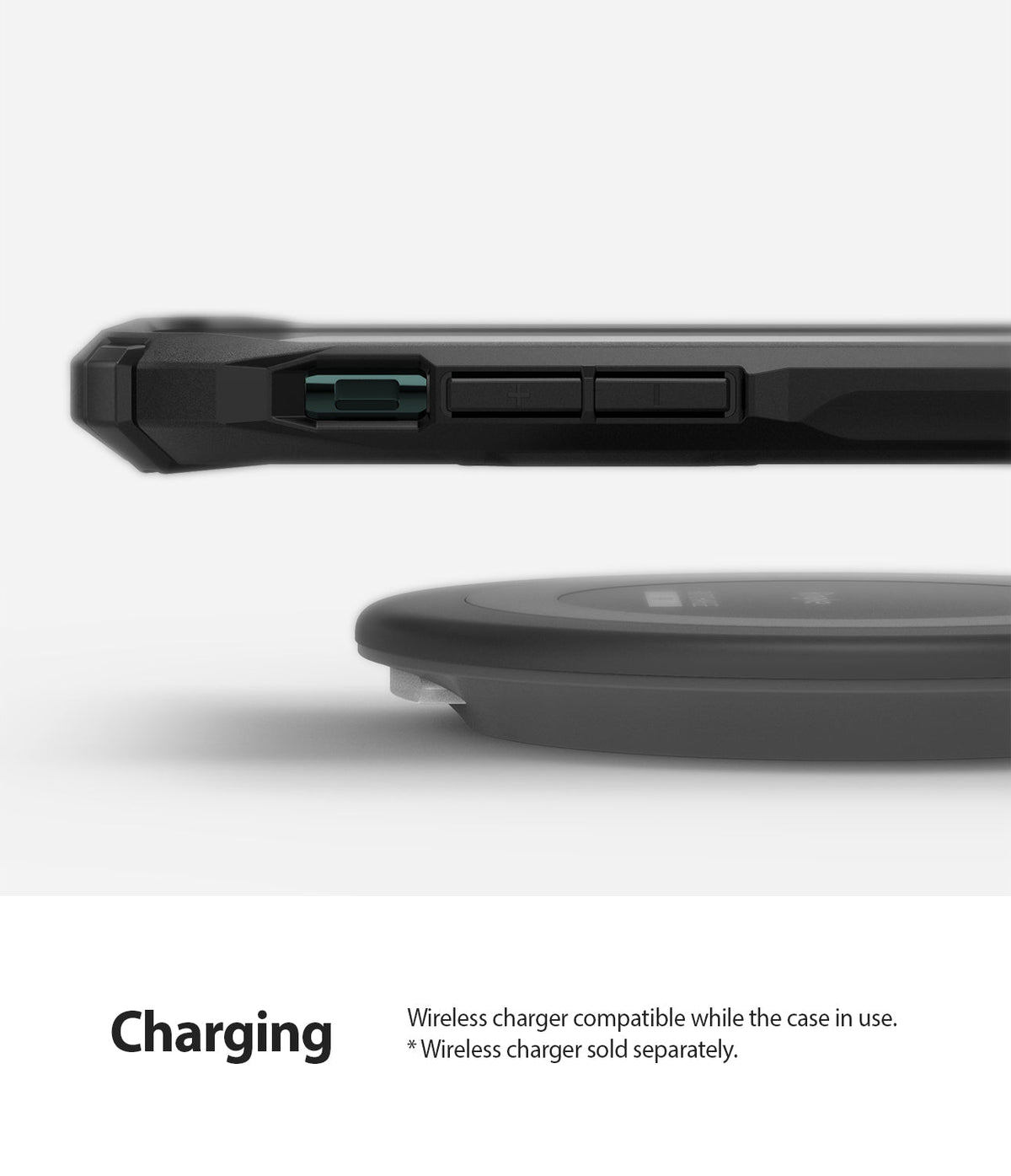 iPhone 11 Pro Case | Fusion-X - Side view of a black phone case hovering above a wireless charging pad.