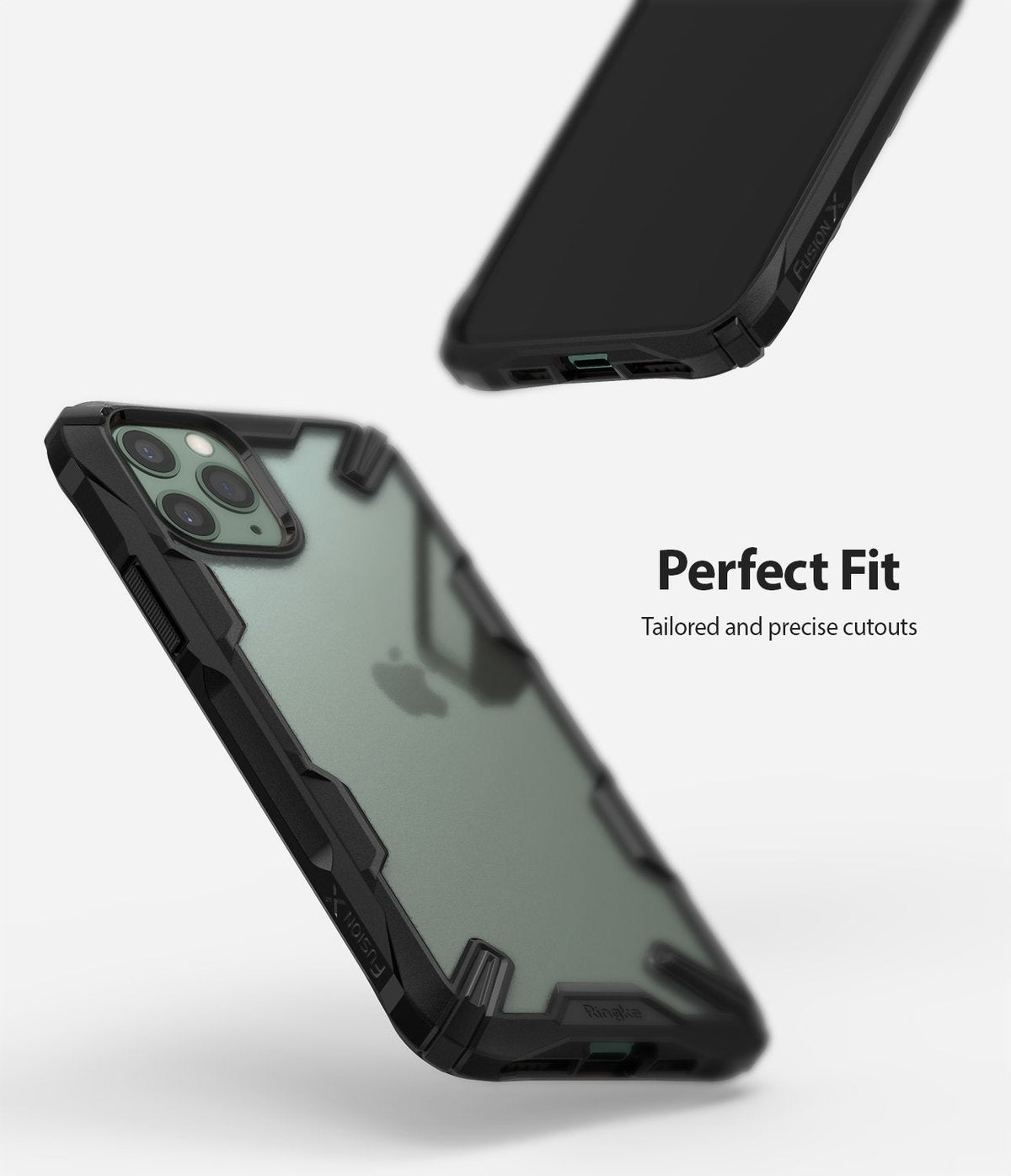 iPhone 11 Pro Max Case | Fusion-X Matte - Matte black protective case with precise cutouts shown from two angles.