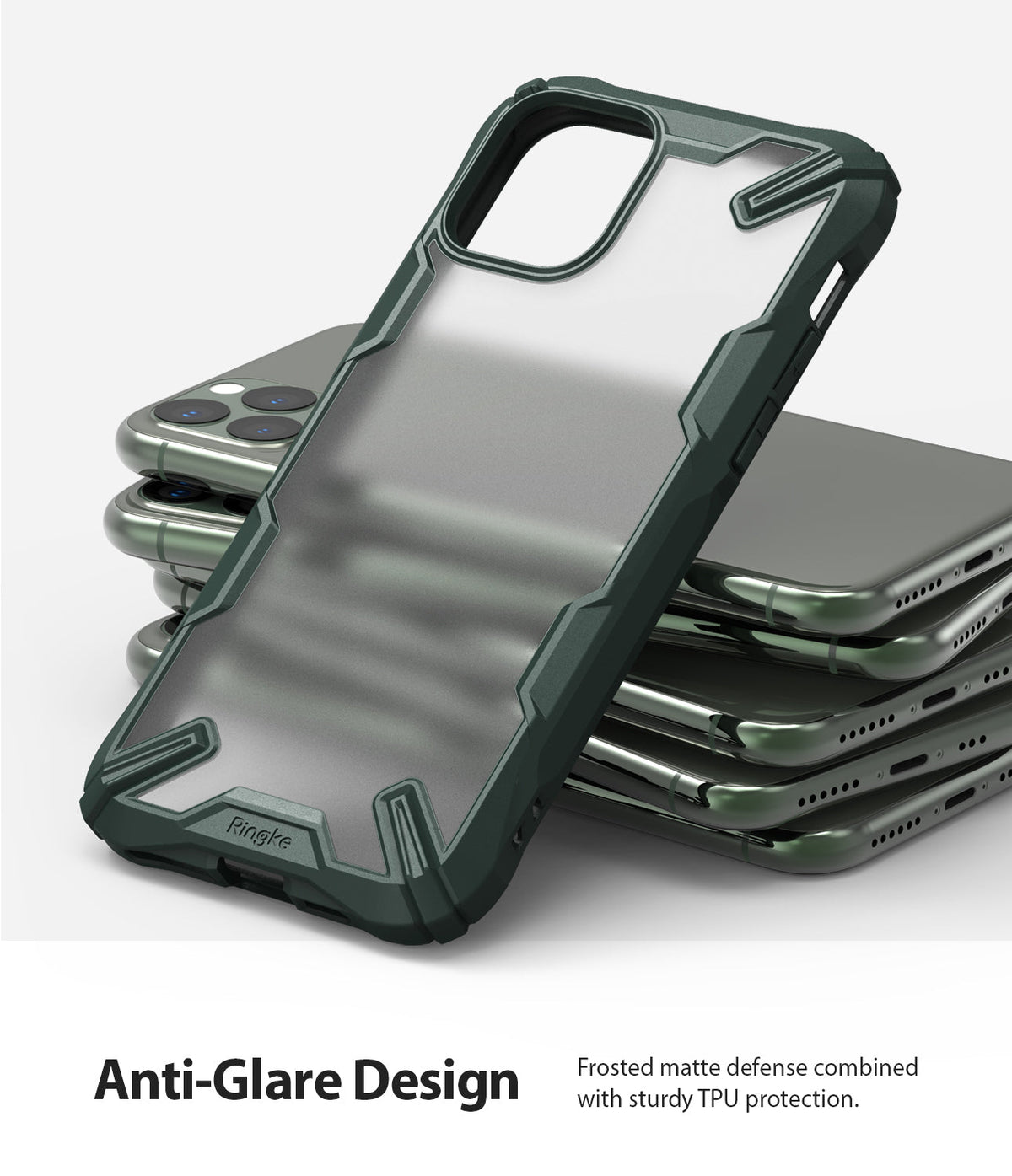 iPhone 11 Pro Max Case | Fusion-X Matte - Dark green rugged phone case with frosted back resting on a stack of phones.