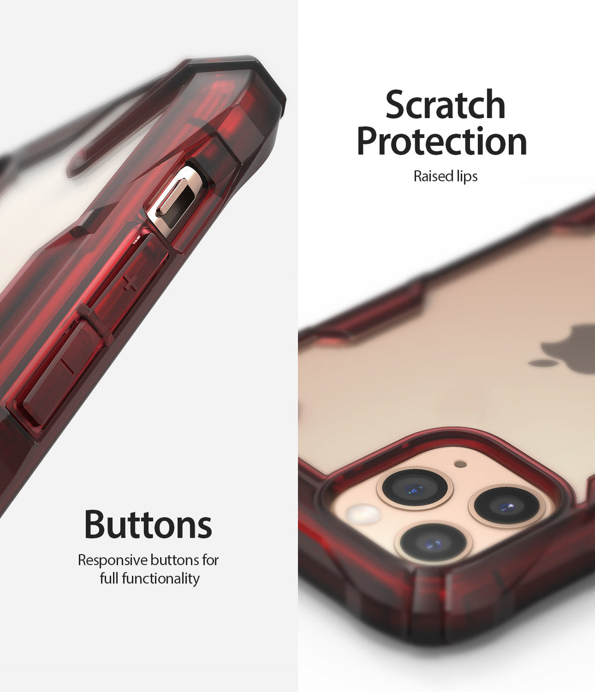 iPhone 11 Pro Case | Fusion-X - Ruby red protective case showing responsive side buttons and raised camera lens edges.