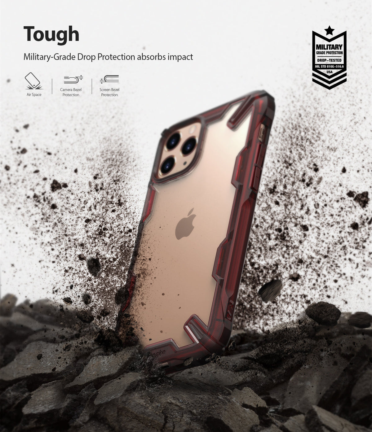 iPhone 11 Pro Case | Fusion-X - Ruby red protective case on an iPhone 11 Pro hitting dirt, showing military-grade impact resistance.