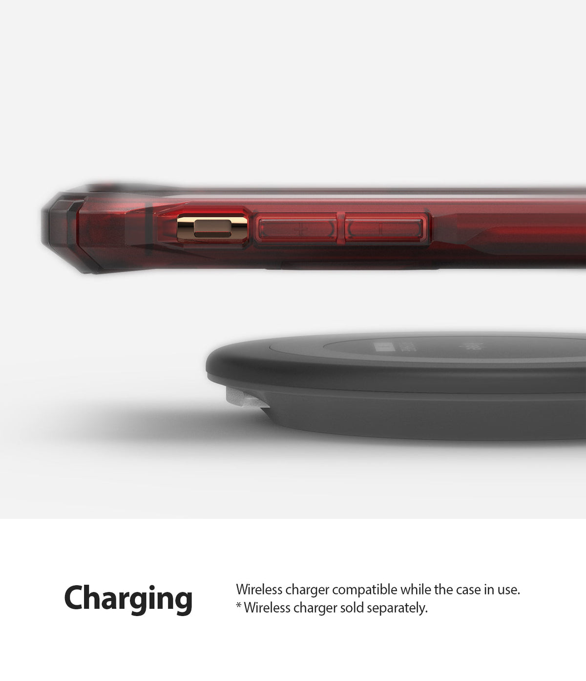 iPhone 11 Pro Case | Fusion-X - Ruby red phone case hovering above a black wireless charging pad.