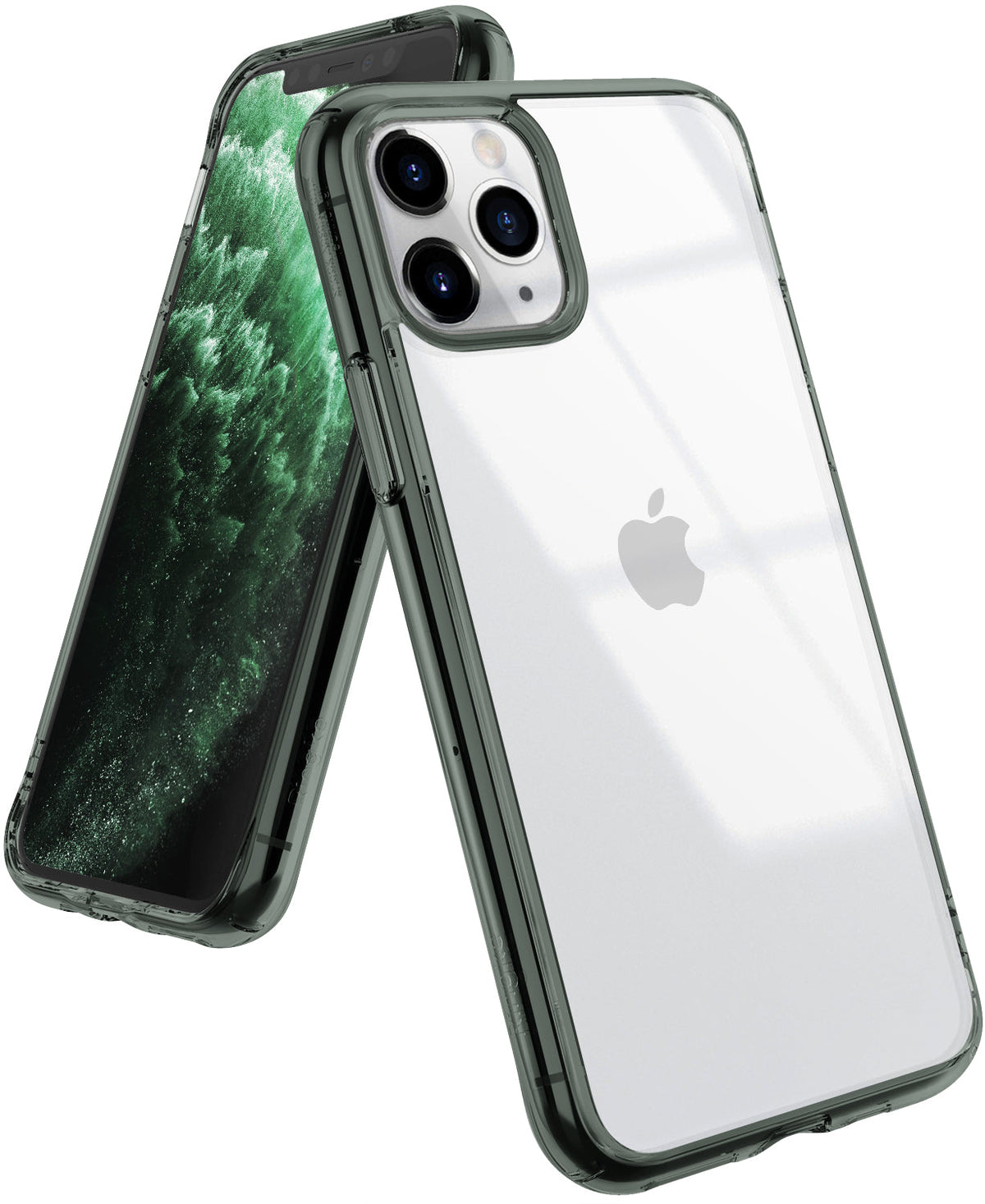 iPhone 11 Pro Case | Fusion - Clear iPhone 11 Pro case with pine green bumper, showing front and back views against a white background.