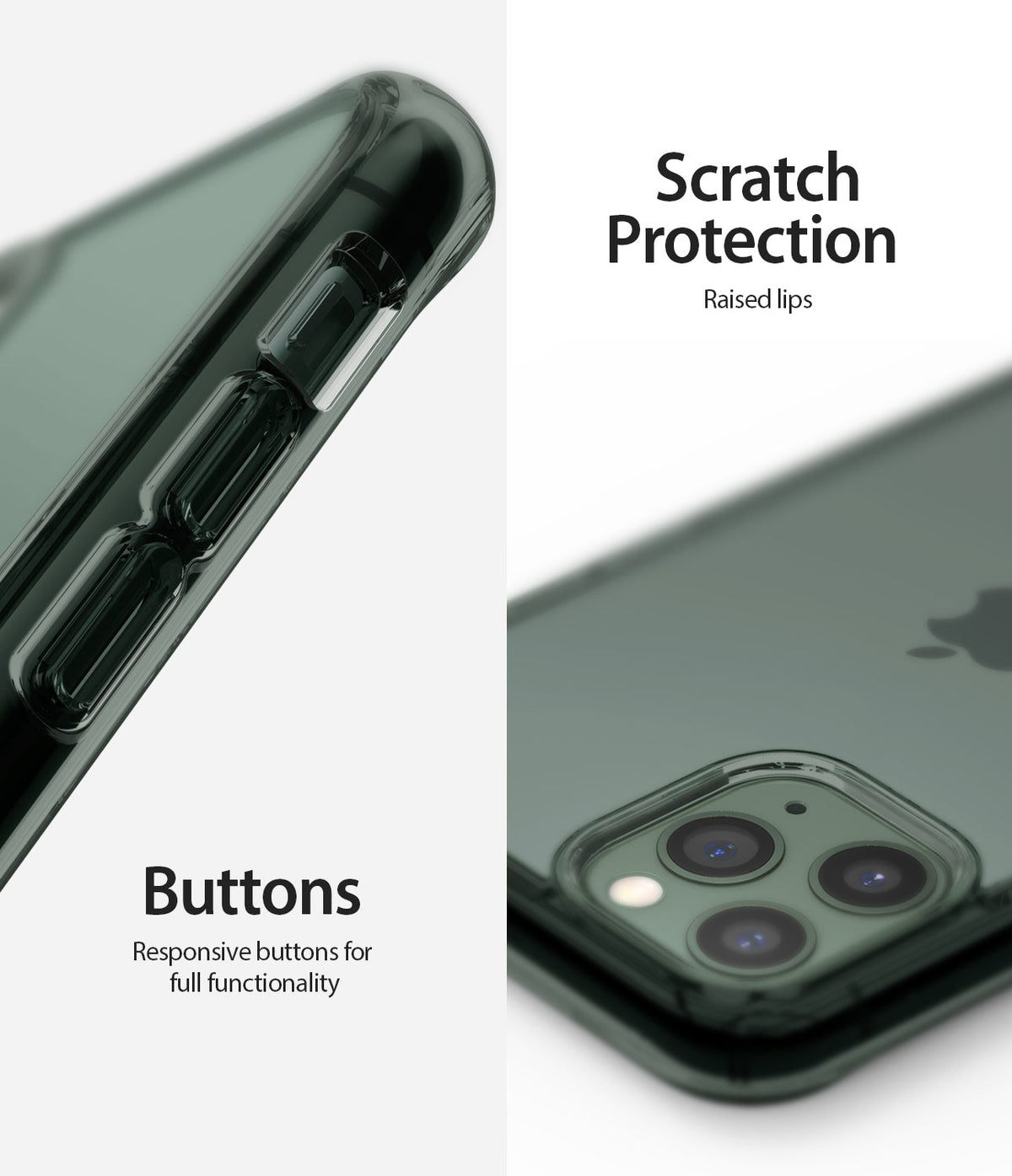 iPhone 11 Pro Case | Fusion - Close-up of green phone case showing responsive side buttons and raised camera lens protection.