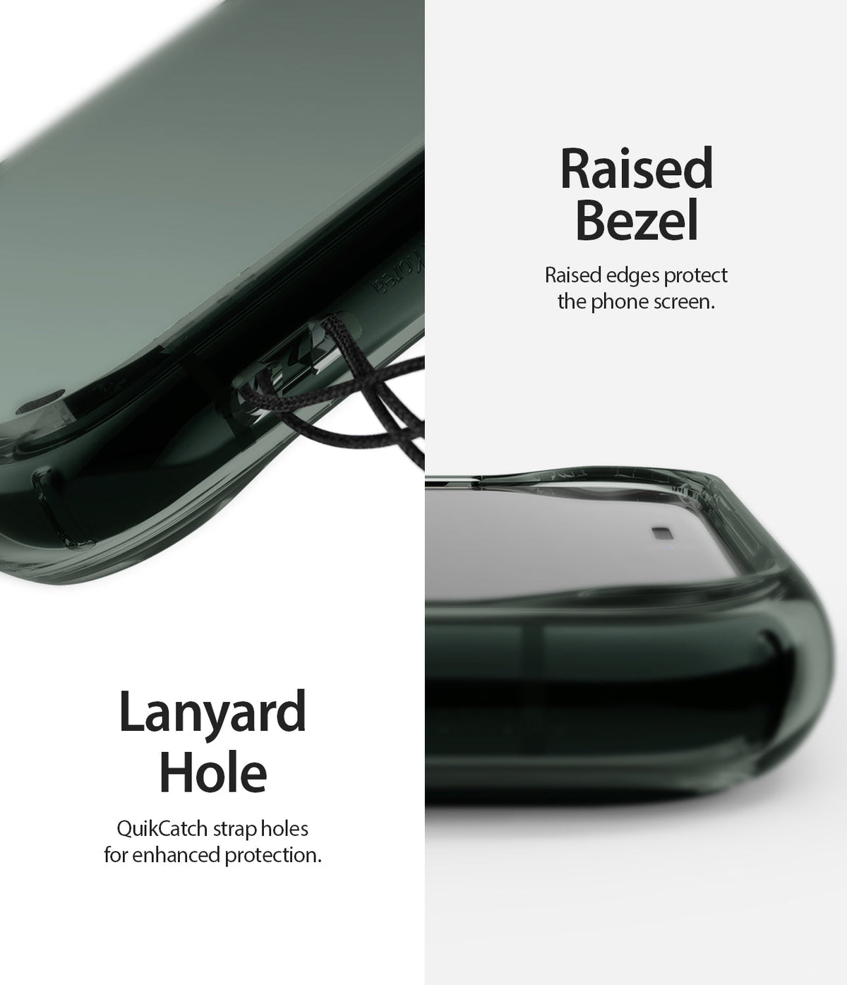 iPhone 11 Pro Case | Fusion - Close-up of a pine green phone case showing a lanyard hole and a raised screen bezel.
