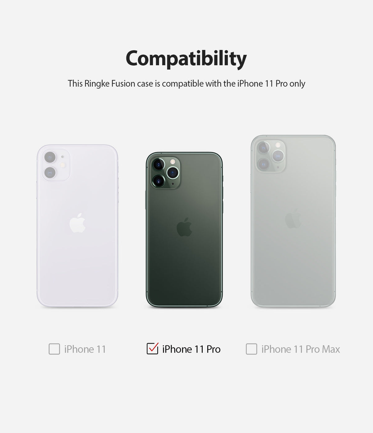 iPhone 11 Pro Case | Fusion - Compatibility chart showing iPhone 11, 11 Pro, and 11 Pro Max with a checkmark on 11 Pro.