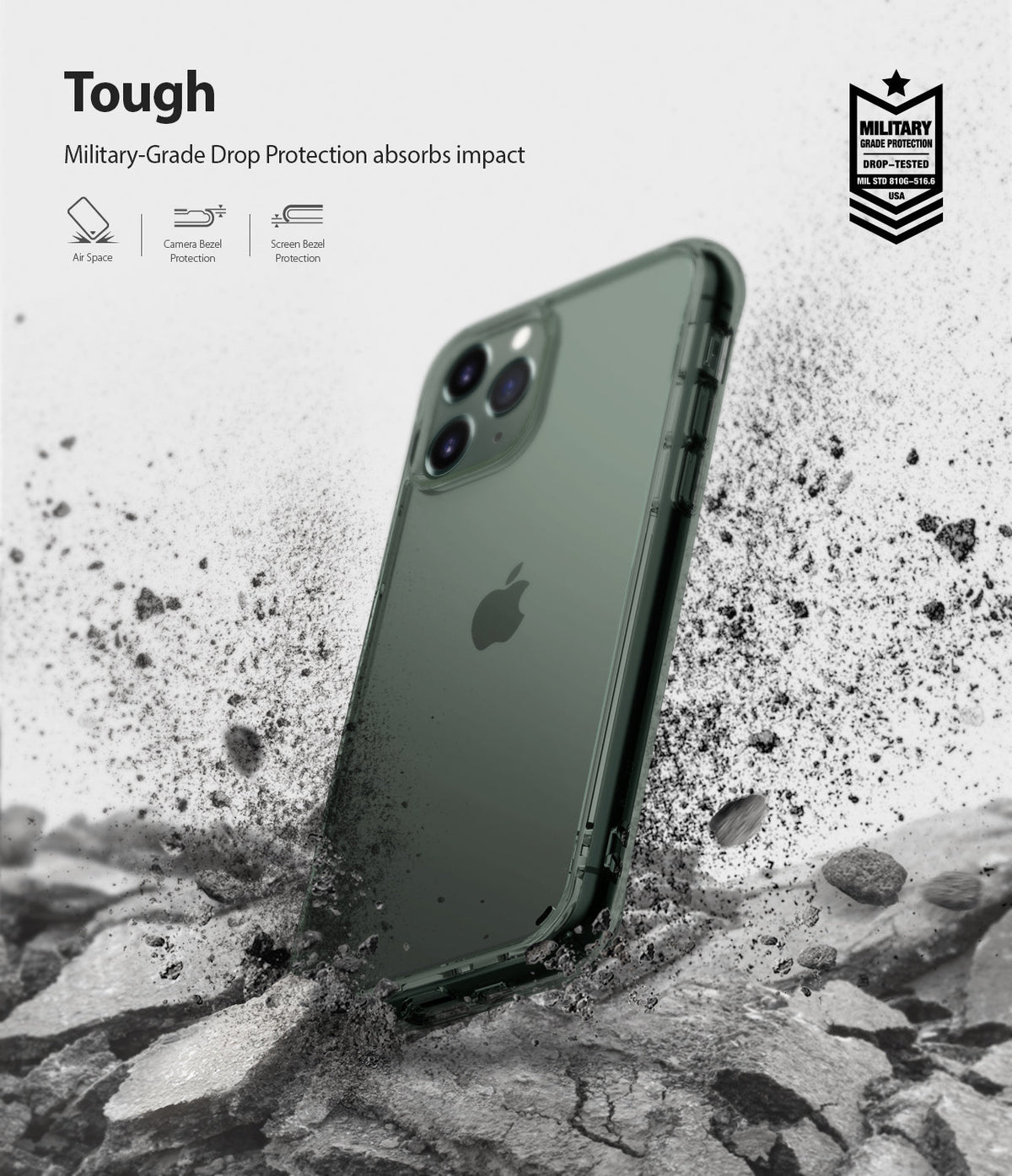 iPhone 11 Pro Case | Fusion - Green iPhone 11 Pro in a protective case hitting rocky ground with dust and debris flying.