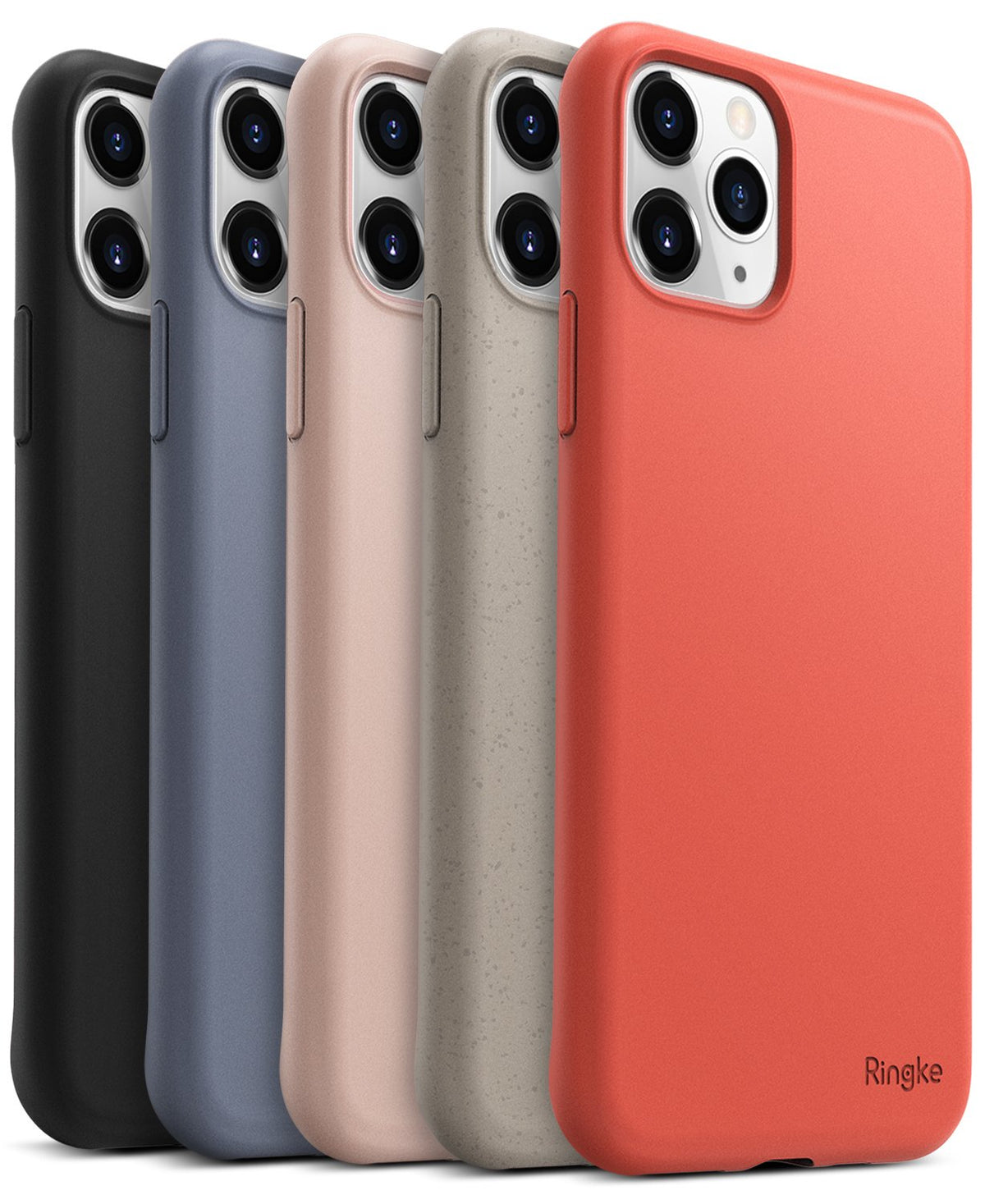 iPhone 11 Pro Max Case | Air-S - Five iPhone 11 Pro Max cases in black, blue, pink, speckled beige, and coral lined up.