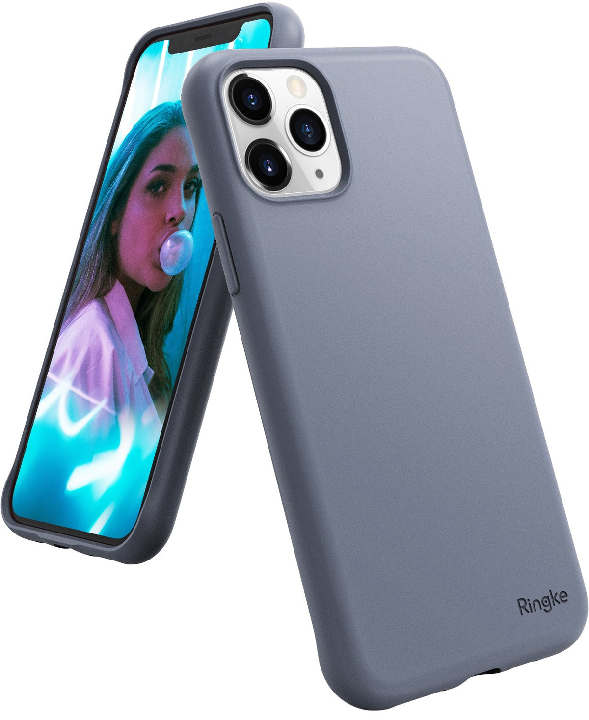 iPhone 11 Pro Max Case | Air-S - Lavender gray matte phone case showing the back and screen with a bubblegum portrait.