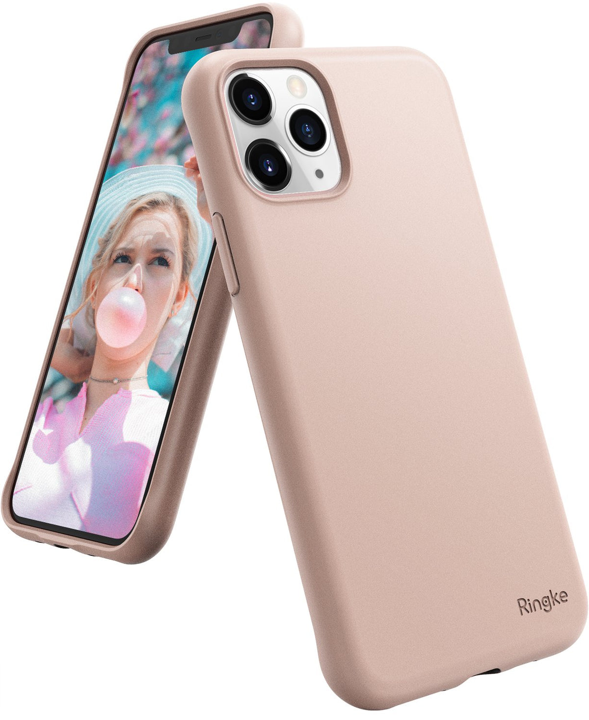 iPhone 11 Pro Max Case | Air-S - Pink sand matte phone case showing the back and screen with a woman blowing bubblegum.
