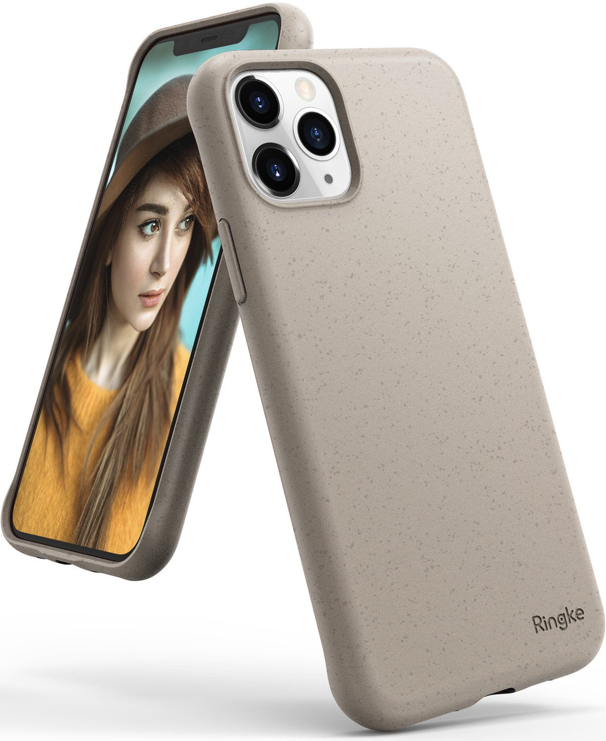 iPhone 11 Pro Max Case | Air-S - Sand stone textured case on an iPhone 11 Pro Max showing front and back views.
