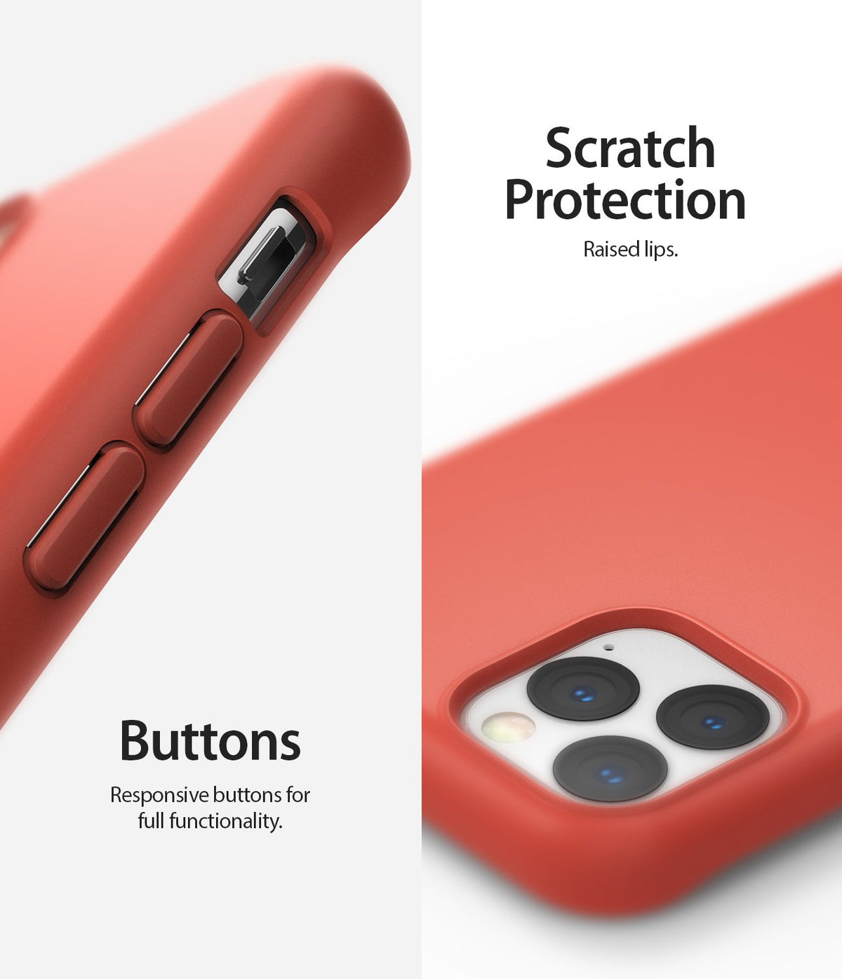 iPhone 11 Pro Max Case | Air-S - Coral phone case showing responsive side buttons and raised camera lens protection.