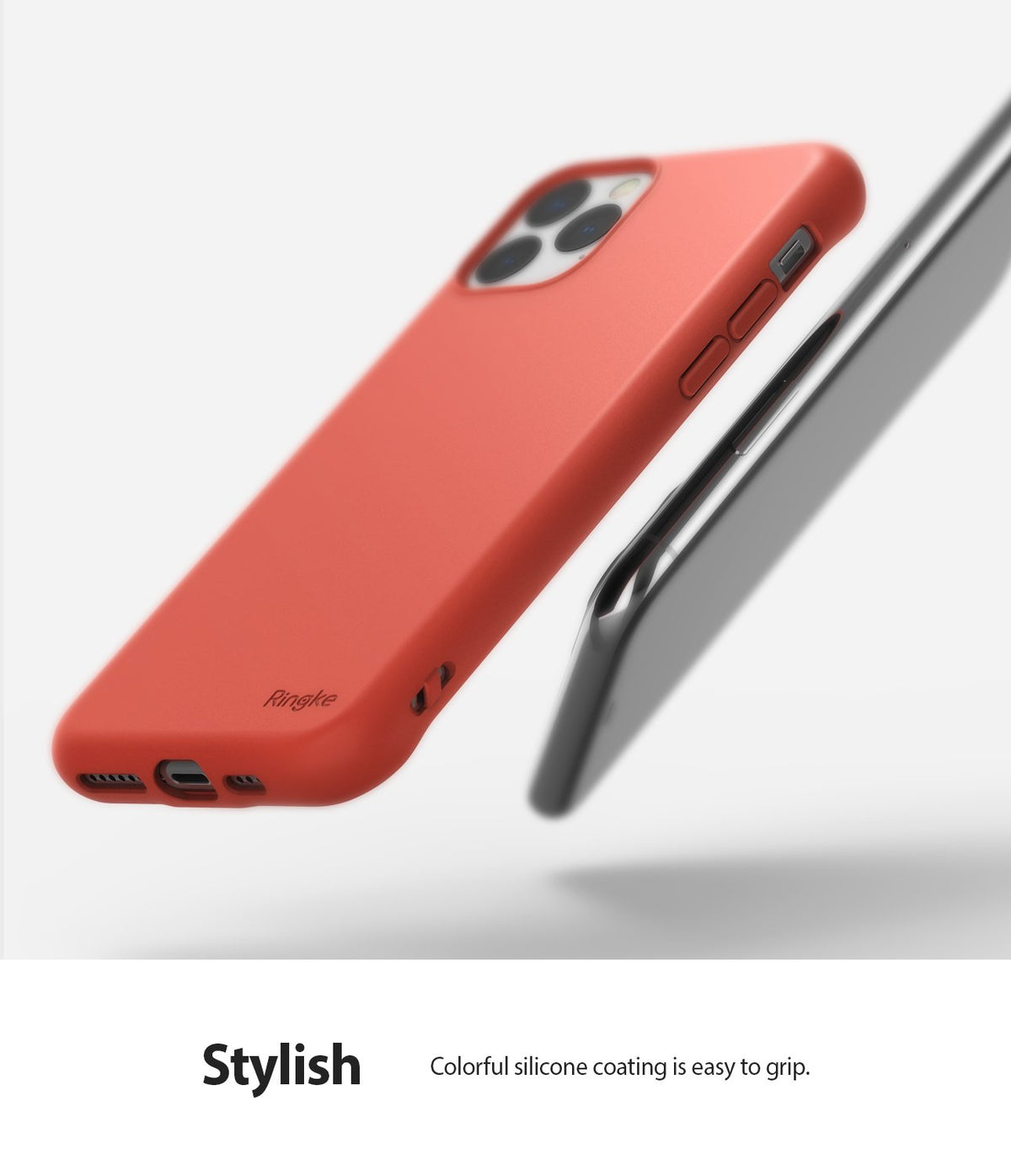 iPhone 11 Pro Max Case | Air-S - Coral silicone phone case floating next to a smartphone against a white background.