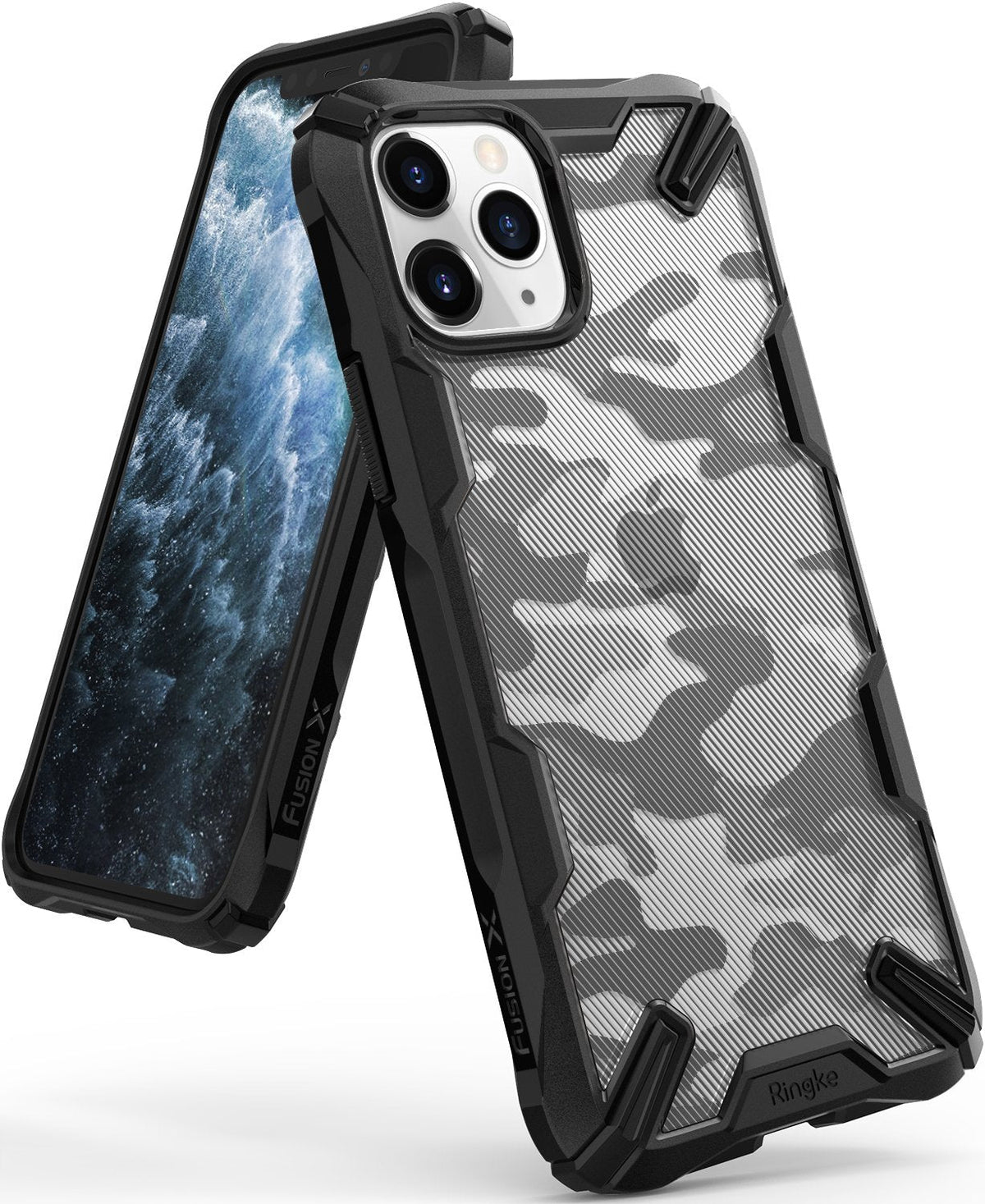 iPhone 11 Pro Case | Fusion-X Design - Black rugged case with a grey camouflage back pattern on an iPhone 11 Pro.